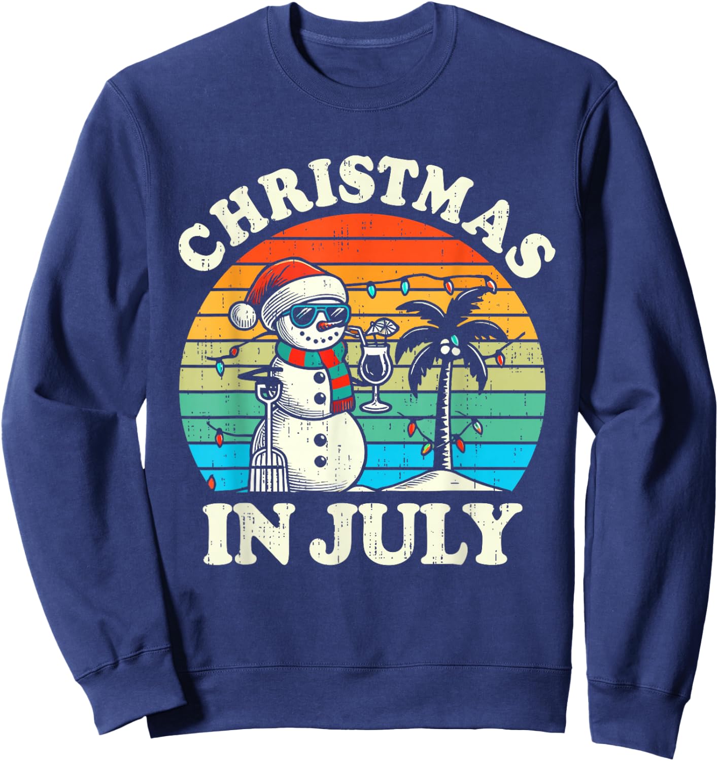 Vintage Christmas in July Snowman Summer Beach Vacation Xmas Sweatshirt - Sweatshirt | Navy