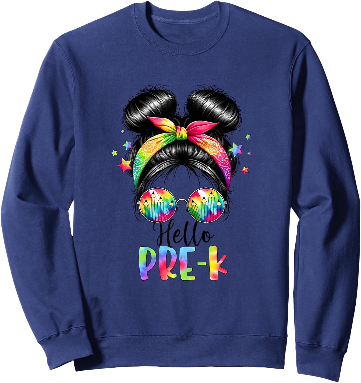 Hello Pre-K Messy Hair Bun Girl Back To School First Day Sweatshirt - Sweatshirt | Navy
