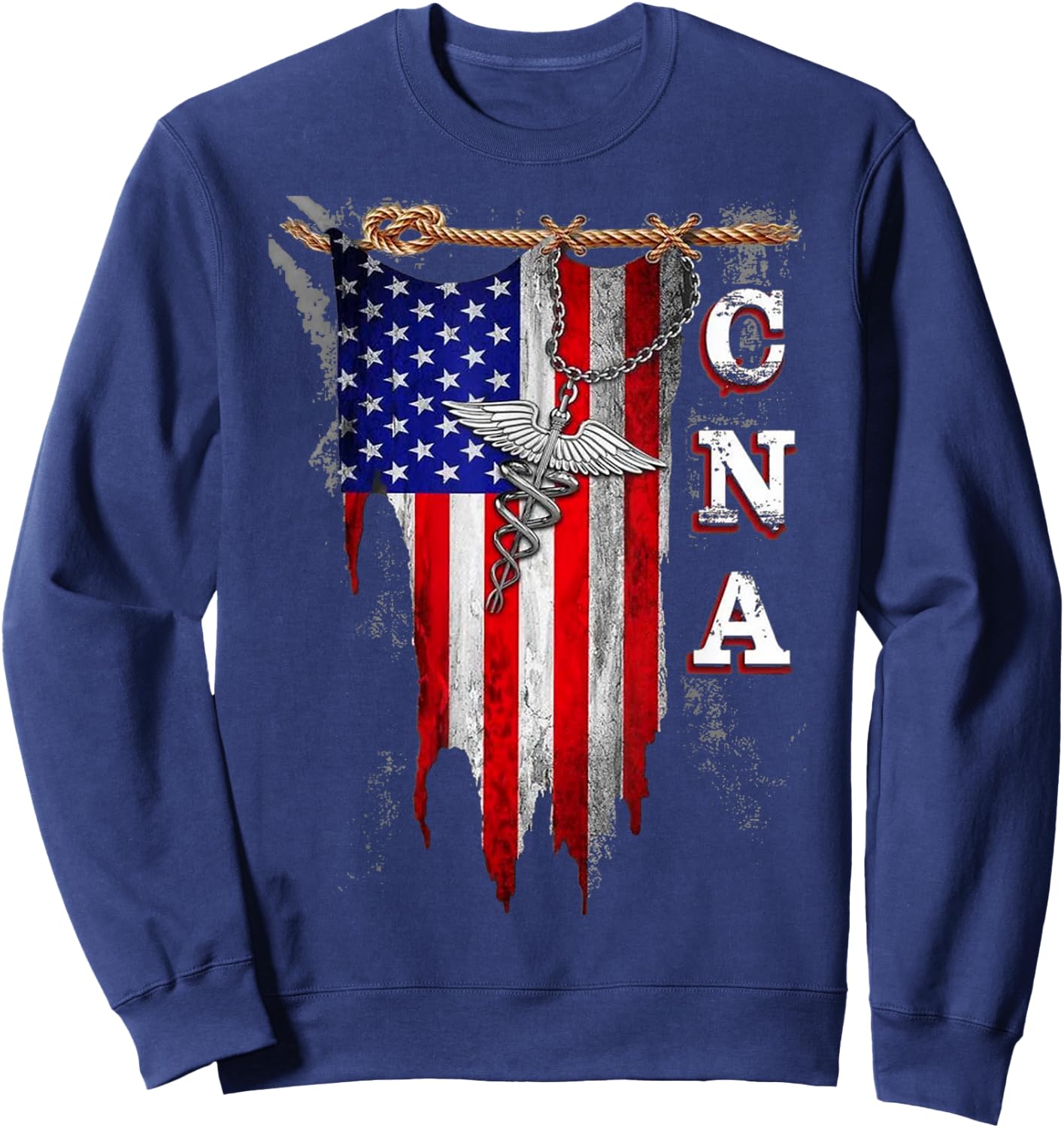 Proud CNA - American Flag Torn - Caduceus Sweatshirt - Sweatshirt | Navy