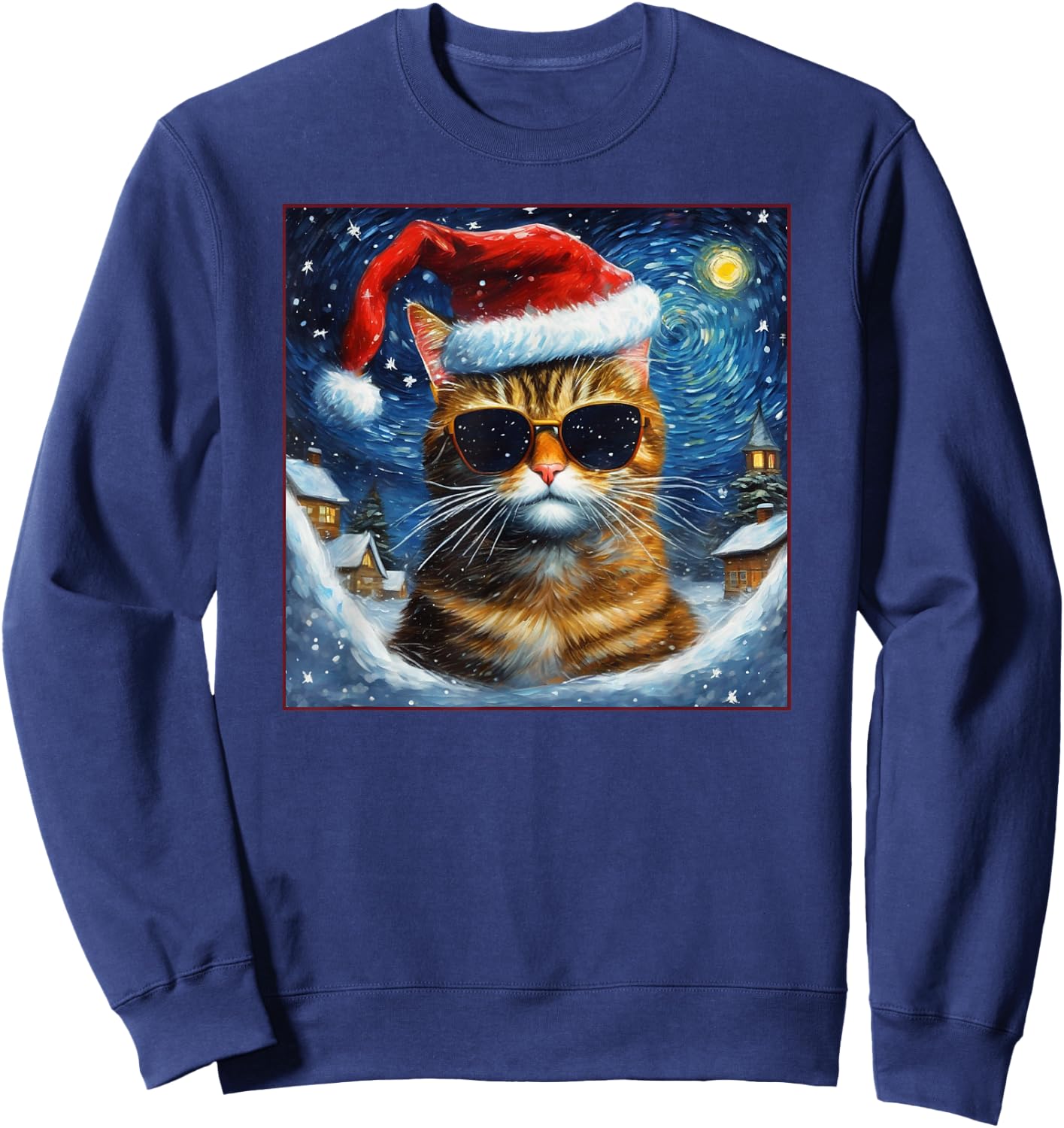 Van Gogh Starry Night Orange Tabby Cat Christmas Sweatshirt - Sweatshirt | Navy
