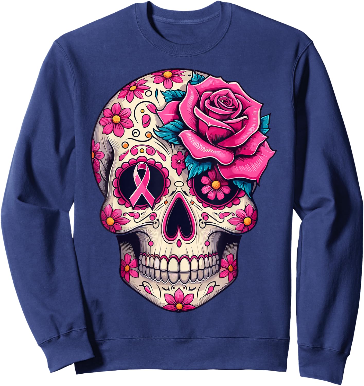 Sugar Skull Pink Ribbon Calavera Breast Cancer Awareness Sweatshirt - Sweatshirt | Navy