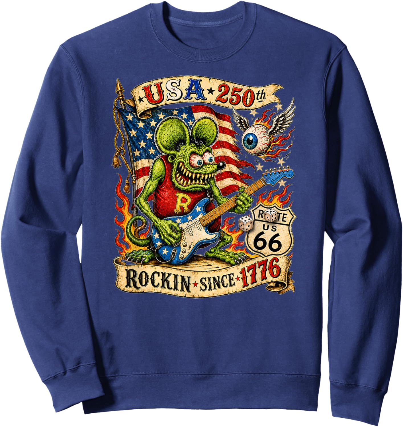 USA 250 Rat Fink Roote Guitar Music Highway 66 Vintage Retro Sweatshirt - Sweatshirt | Navy