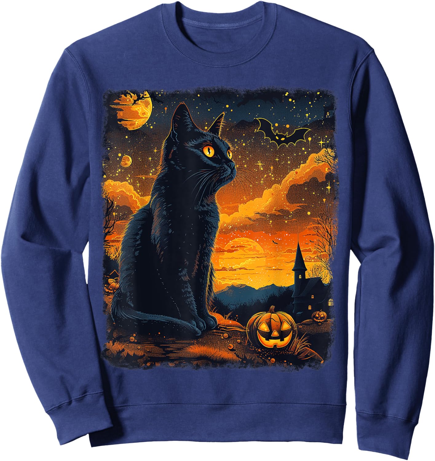 Black Cat Starry Night Van Gogh Pumpkins Bats Halloween Crew Sweatshirt - Sweatshirt | Navy