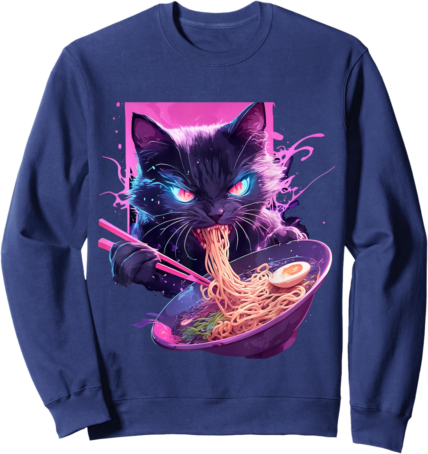 Japanese Art Ramen Cat Ninja Synthwave Style Samurai Cat Sweatshirt - Sweatshirt | Navy