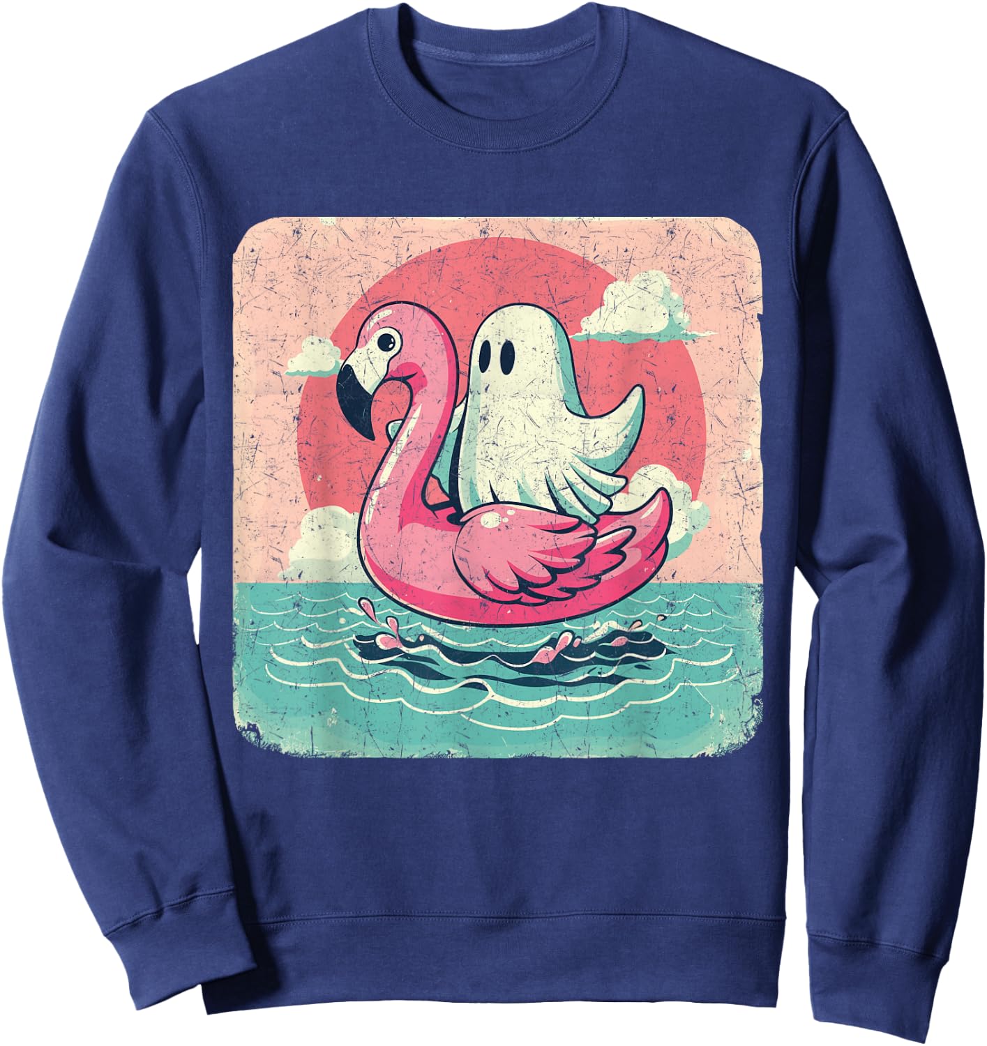 Funny Pool Vintage Ghost On A Pink Flamingo Summer Halloween Men Women Sweatshirt - Sweatshirt | Navy