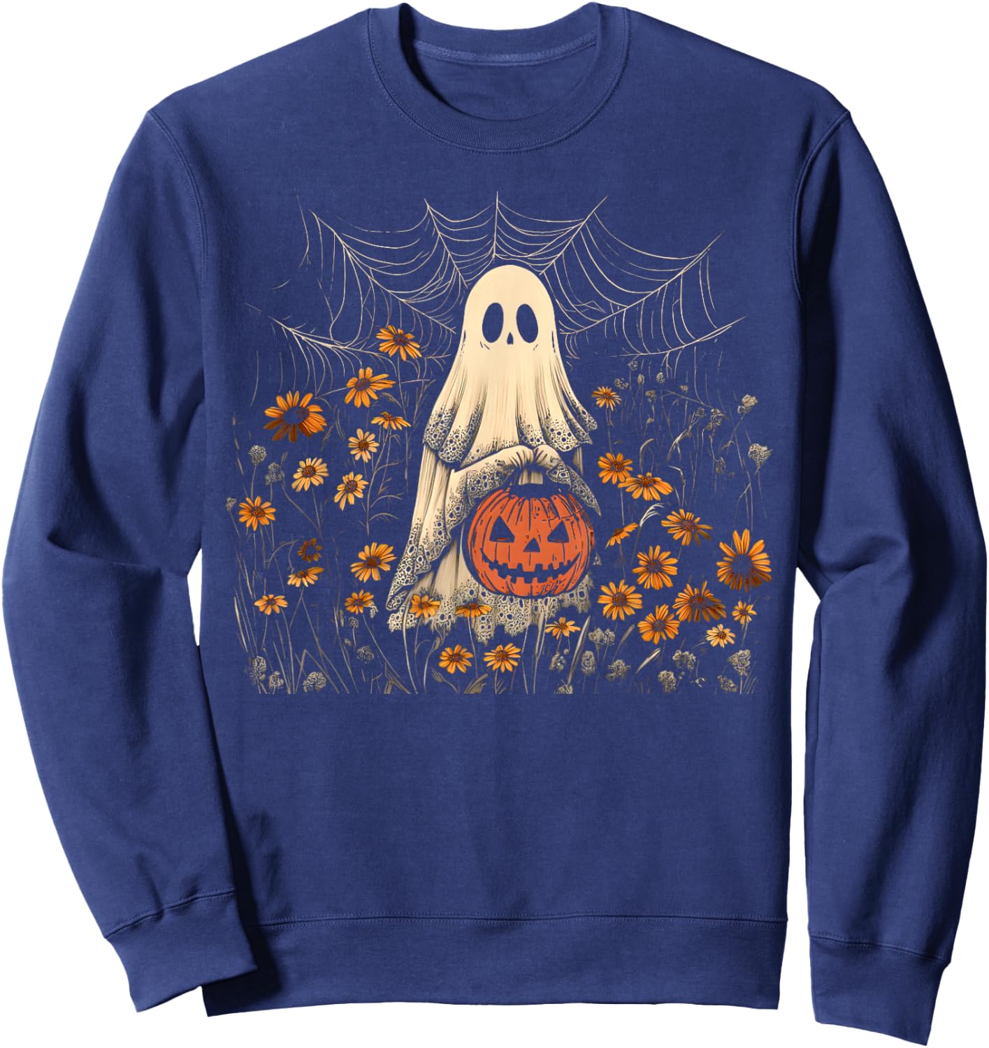 Retro Floral Lace Ghost Pumpkin Spooky Halloween Girls Women Sweatshirt - Sweatshirt | Navy