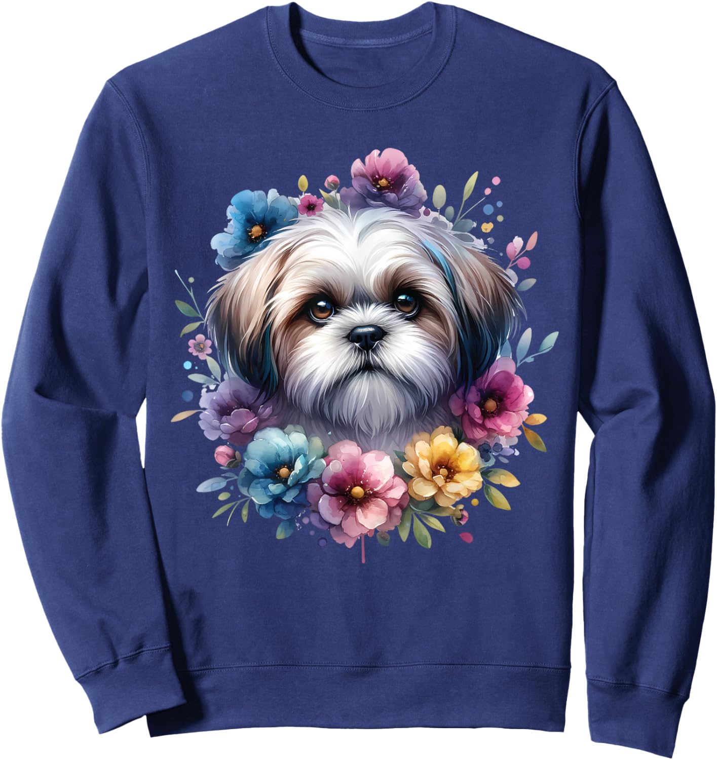 Watercolor Floral Shih Tzu Mama Dog Lovers Mother's Day Sweatshirt - Sweatshirt | Navy
