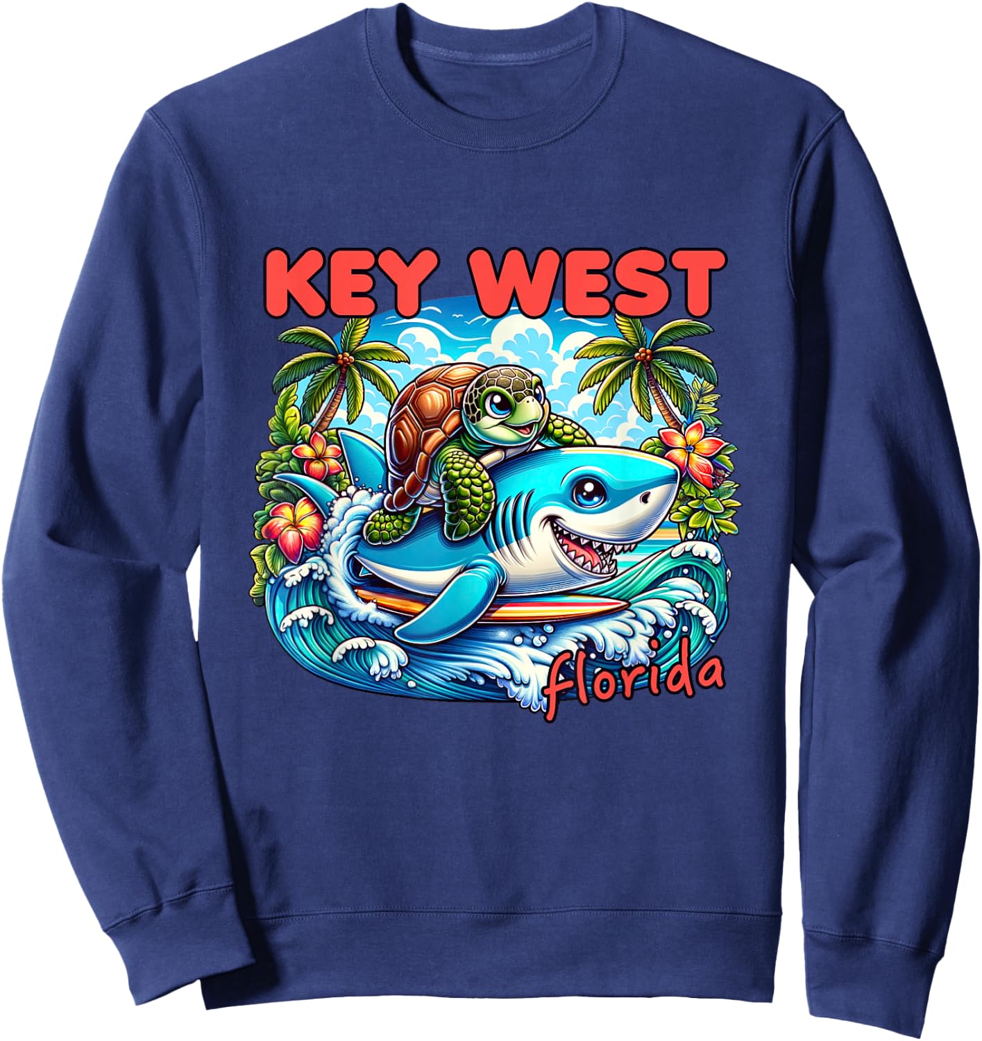 Key West Florida Beach Turtle and Shark Sweatshirt - Sweatshirt | Navy