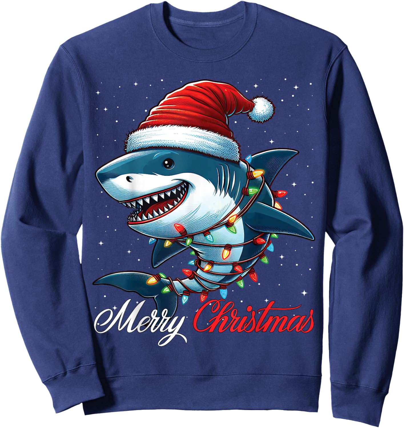 Shark Santa Hat Merry Christmas Lights Xmas Snow Sweatshirt - Sweatshirt | Navy