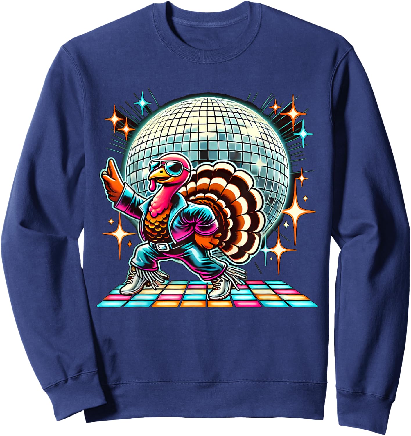 Disco Turkey Halloween -Adult Black Cartoon Turkey Disco Small Straight Short Sleeve Sweatshirt - Sweatshirt | Navy