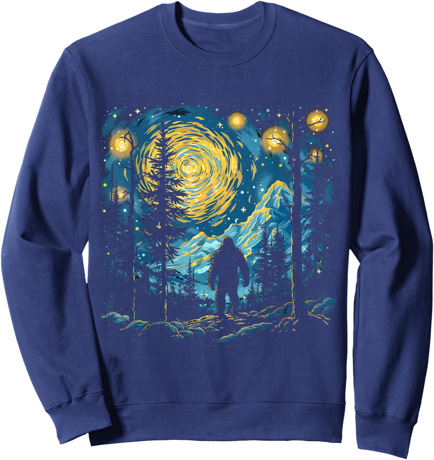 Funny Bigfoot Starry Night Sasquatch Van Gogh Sky Painting Sweatshirt - Sweatshirt | Navy
