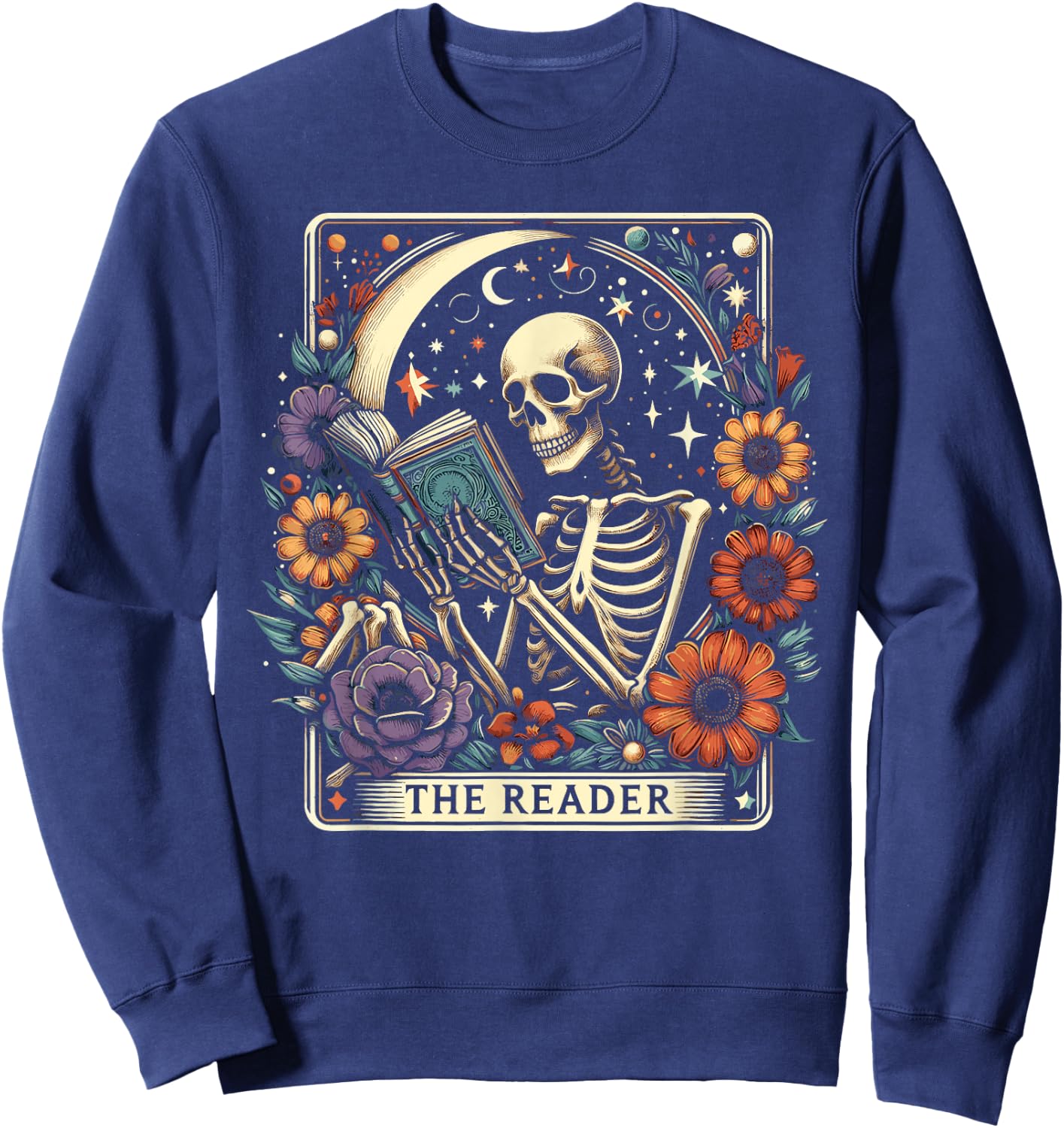 The Reader Tarot Card Skeleton Reading Book Bookworm Bookish Sweatshirt - Sweatshirt | Navy