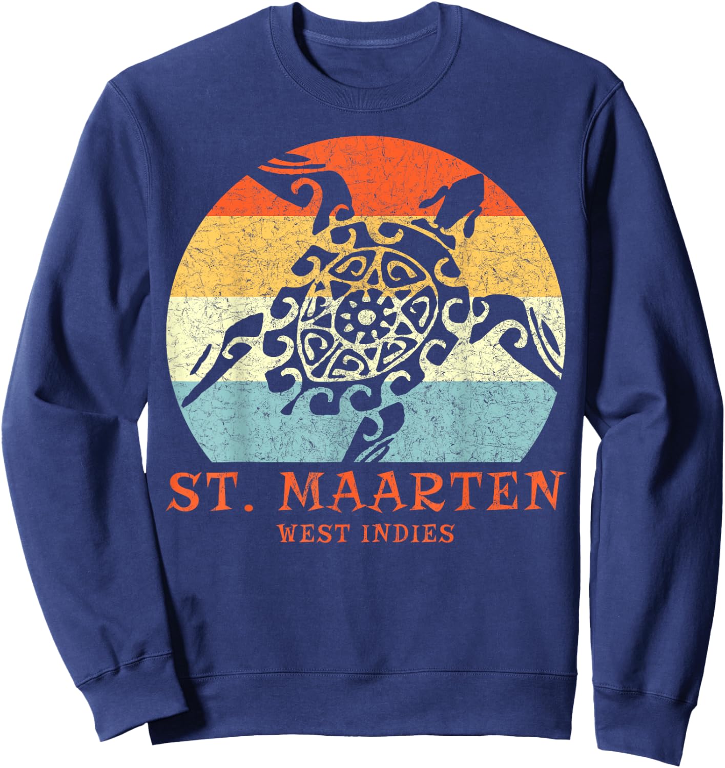 St. Martin, West Indies Vintage Retro Tribal Turtle Vacation Sweatshirt - Sweatshirt | Navy