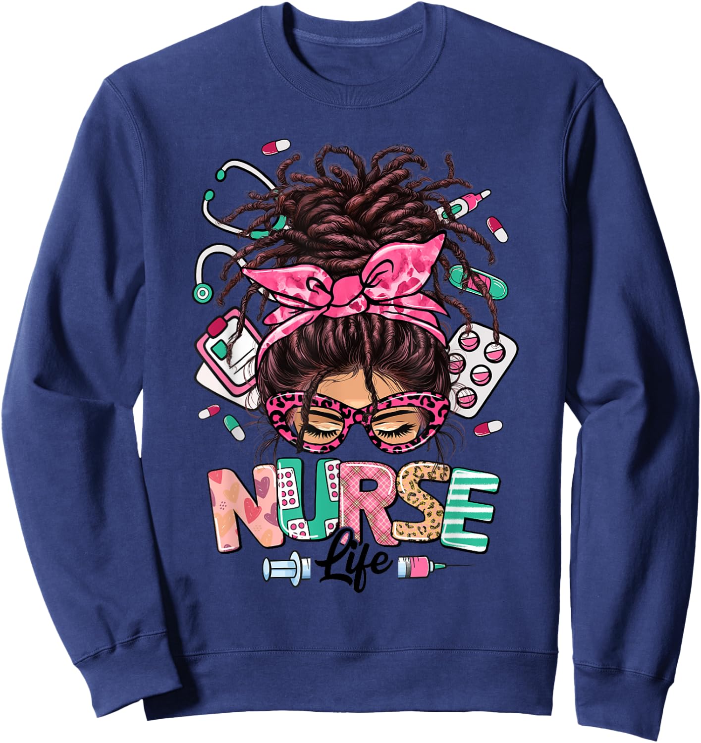 Nurse Life Black Women Messy Bun Loc Hair Nurse Gifts Sweatshirt - Sweatshirt | Navy