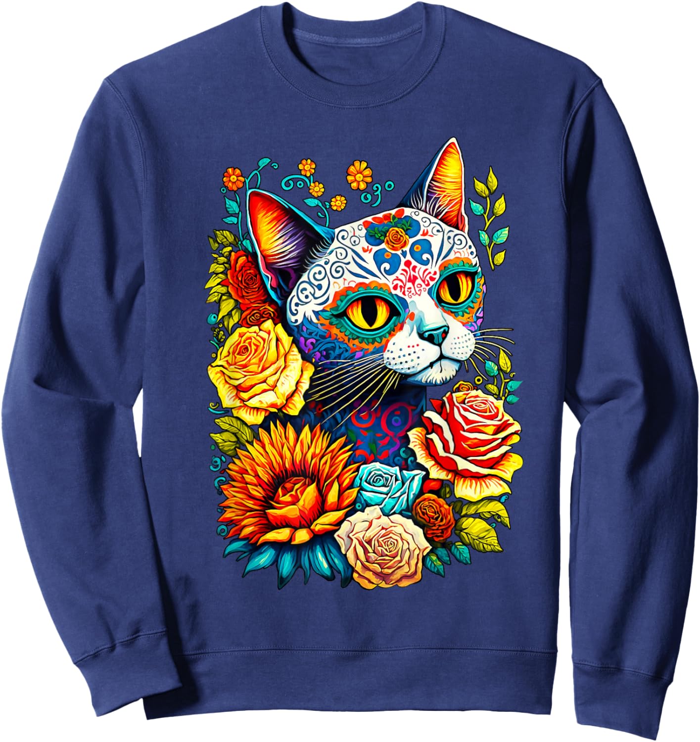 Sugar Skull Cat Dia De Los Muertos Catrina Day Of The Dead Women Kids Sweatshirt - Sweatshirt | Navy