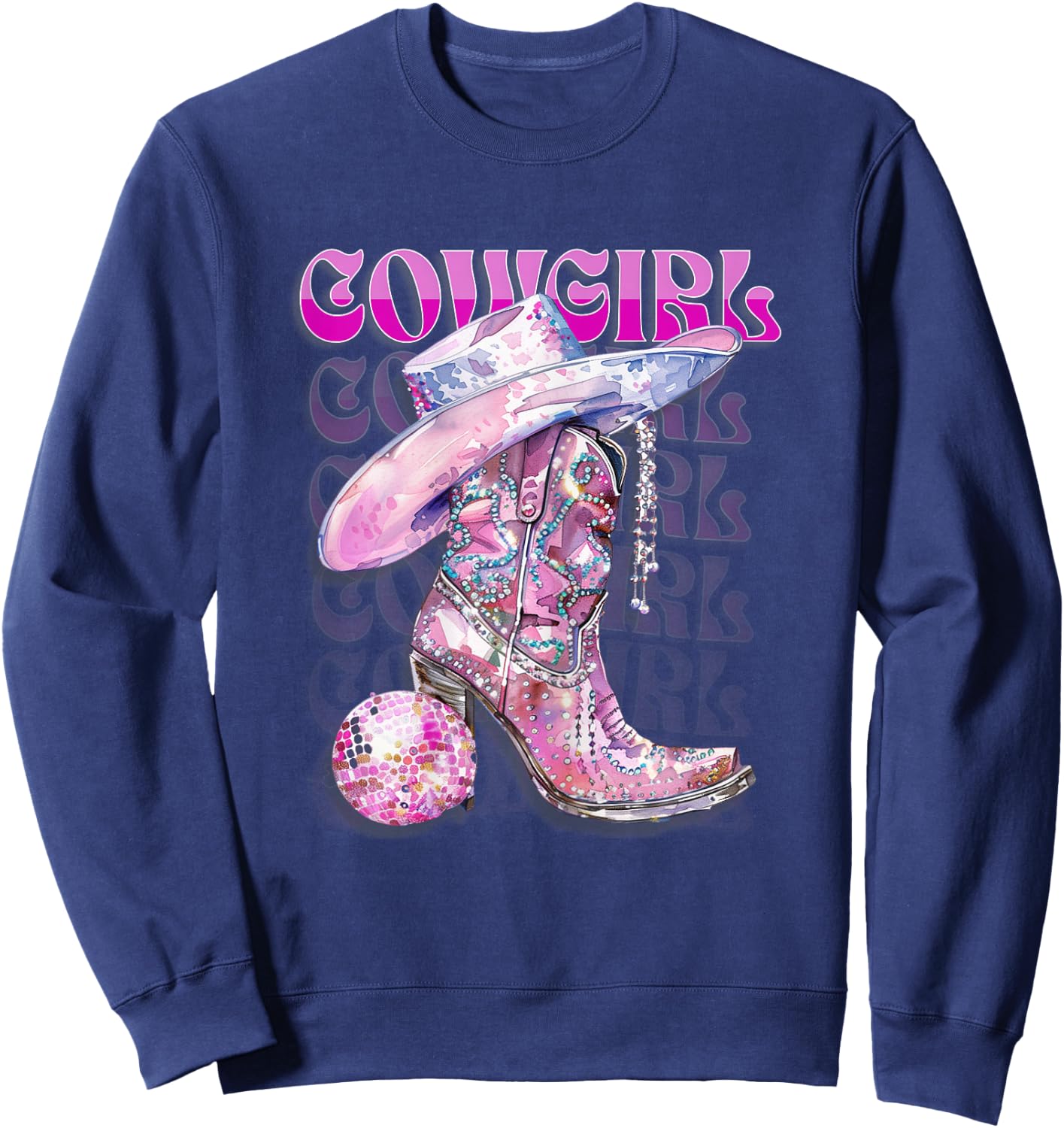 Pink Cowgirl Boots Disco Western Country Cow Girl Coastal Sweatshirt - Sweatshirt | Navy