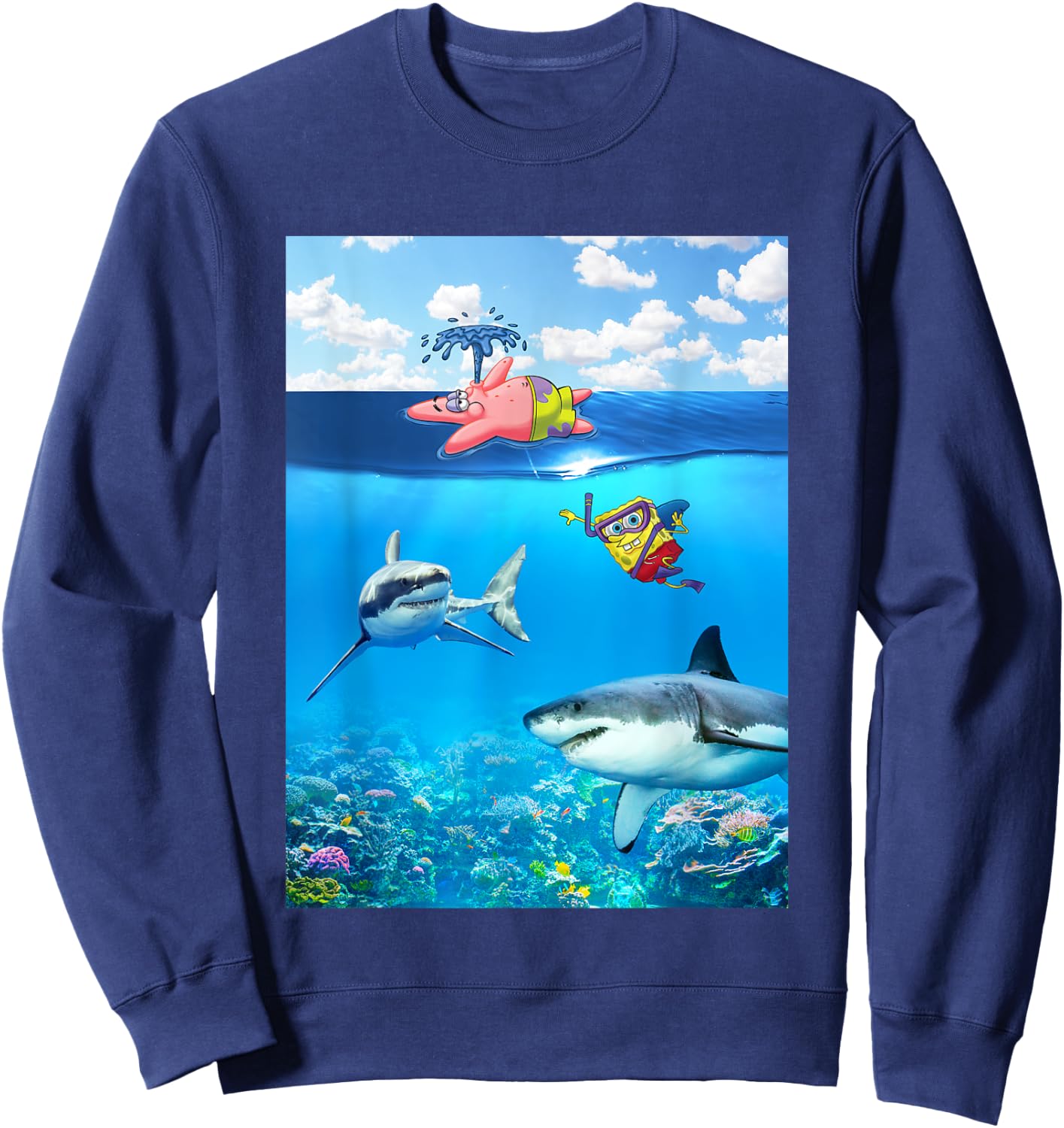SpongeBob SquarePants & Patrick Swimming With Sharks Sweatshirt - Sweatshirt | Navy