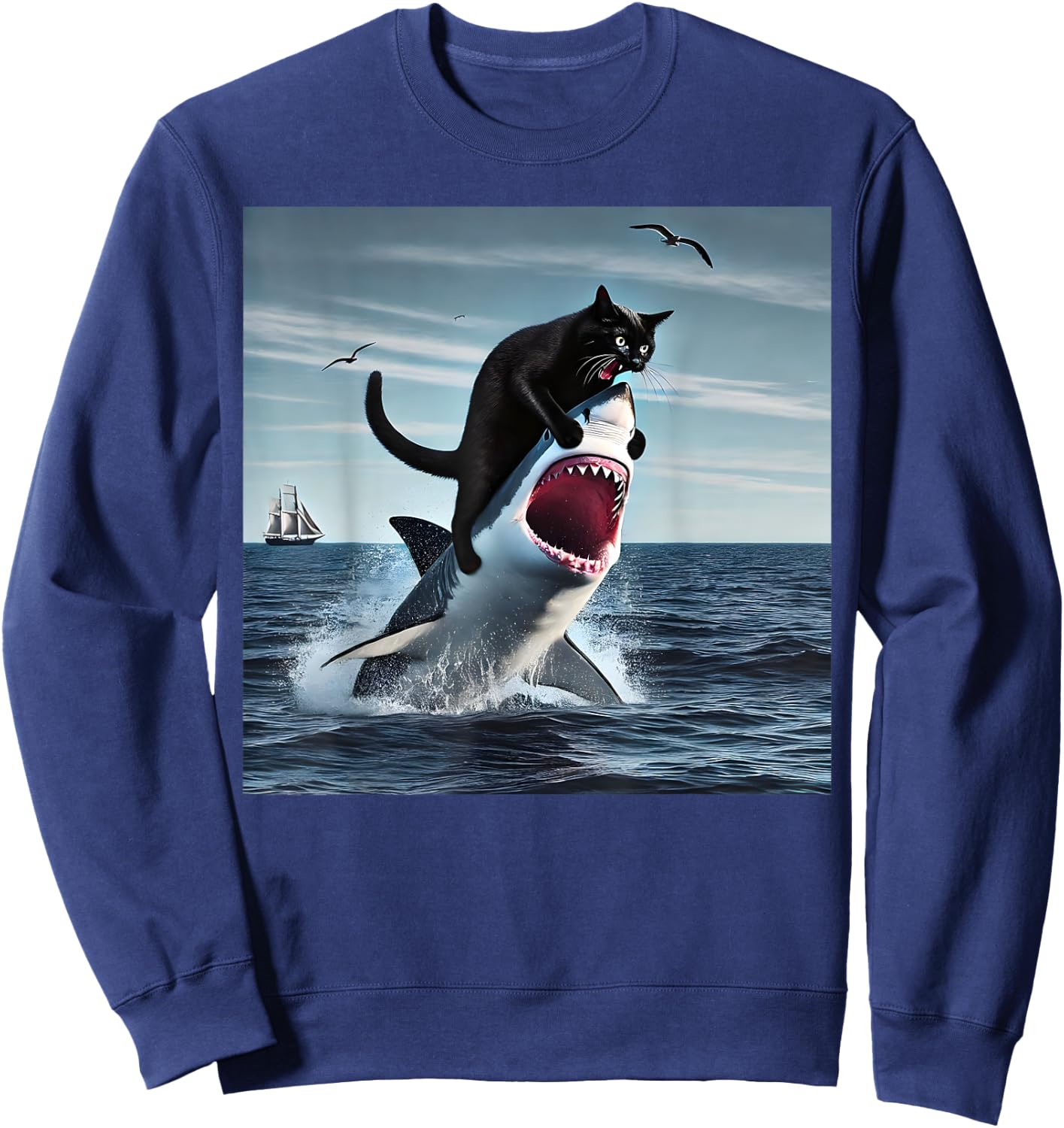 funny Art & Cat Lover Quote Cat Biting Shark Cool Black Cat Men Women Sweatshirt - Sweatshirt | Navy