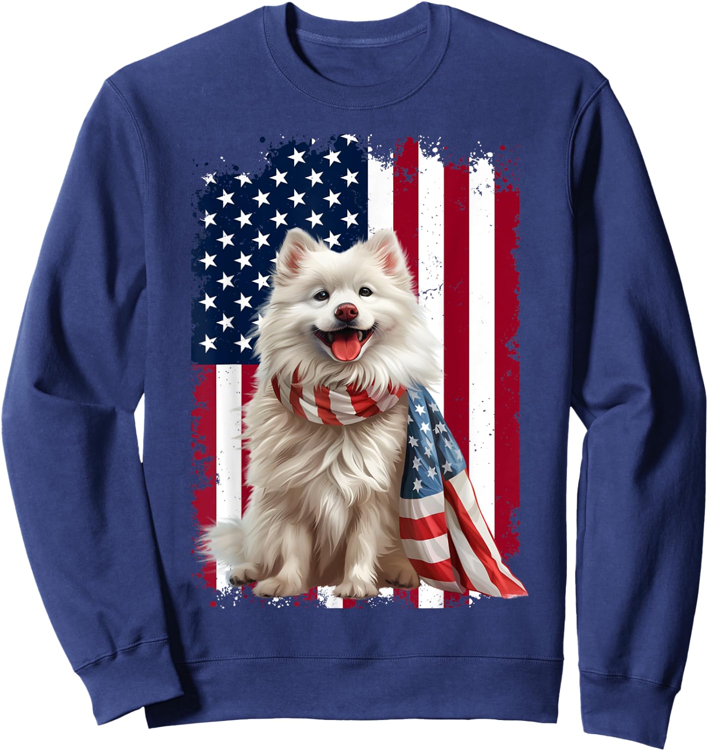 American Eskimo Dog American Flag 4th Of July Eskimo Lovers Women Kids Men Sweatshirt - Sweatshirt | Navy