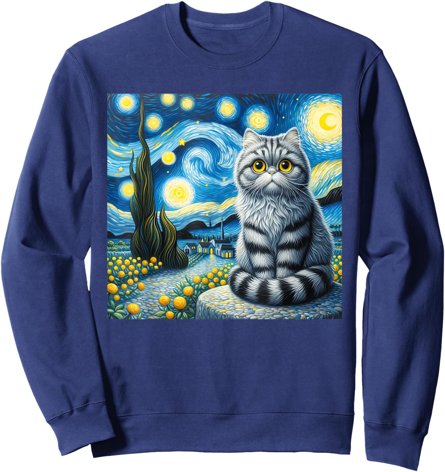 Cute Cat Van Gogh Starry Night Art painting Artistic Sweatshirt - Sweatshirt | Navy