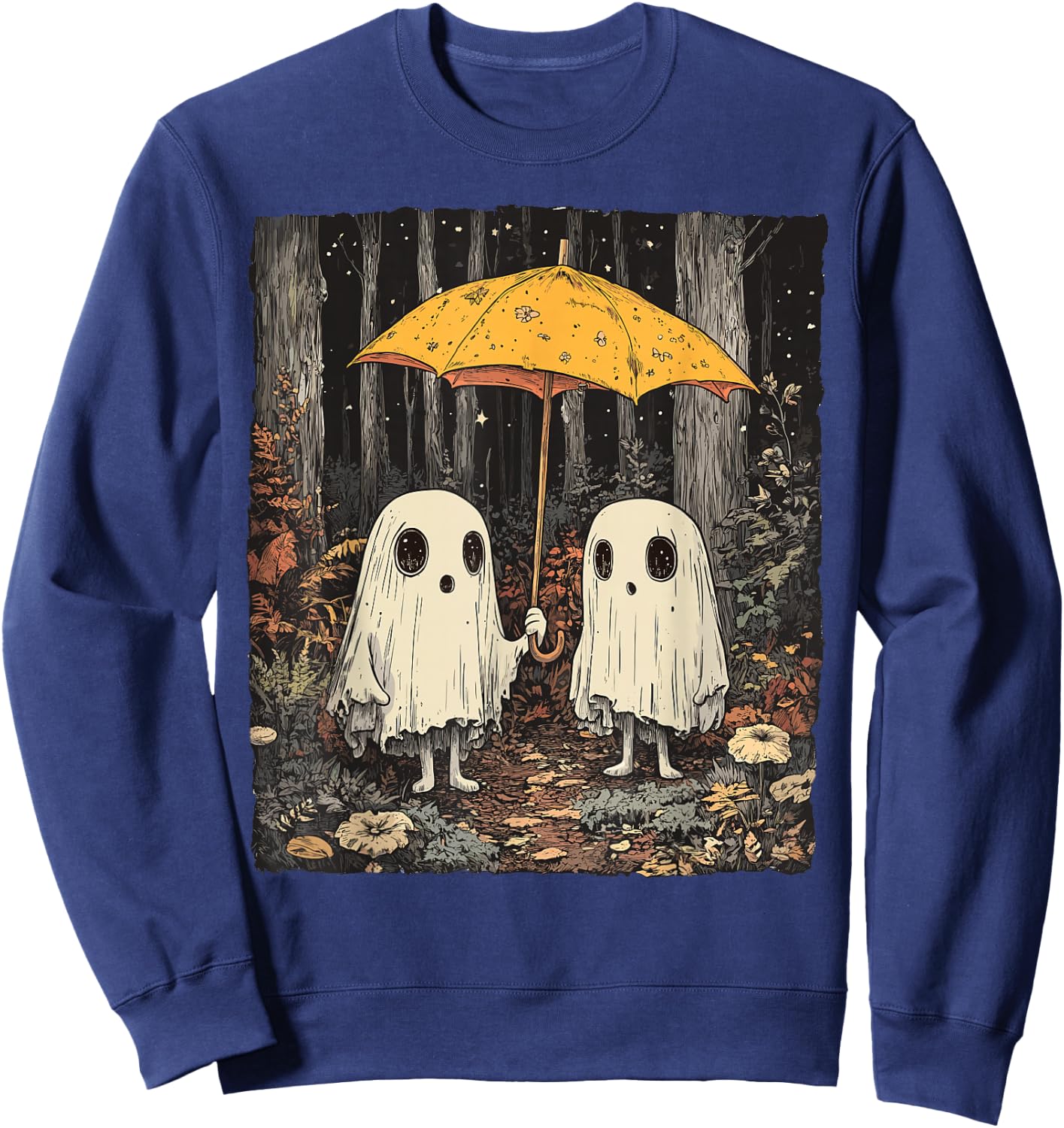 Vintage Floral Ghost Halloween Ghost in the Forest Gothic Sweatshirt - Sweatshirt | Navy