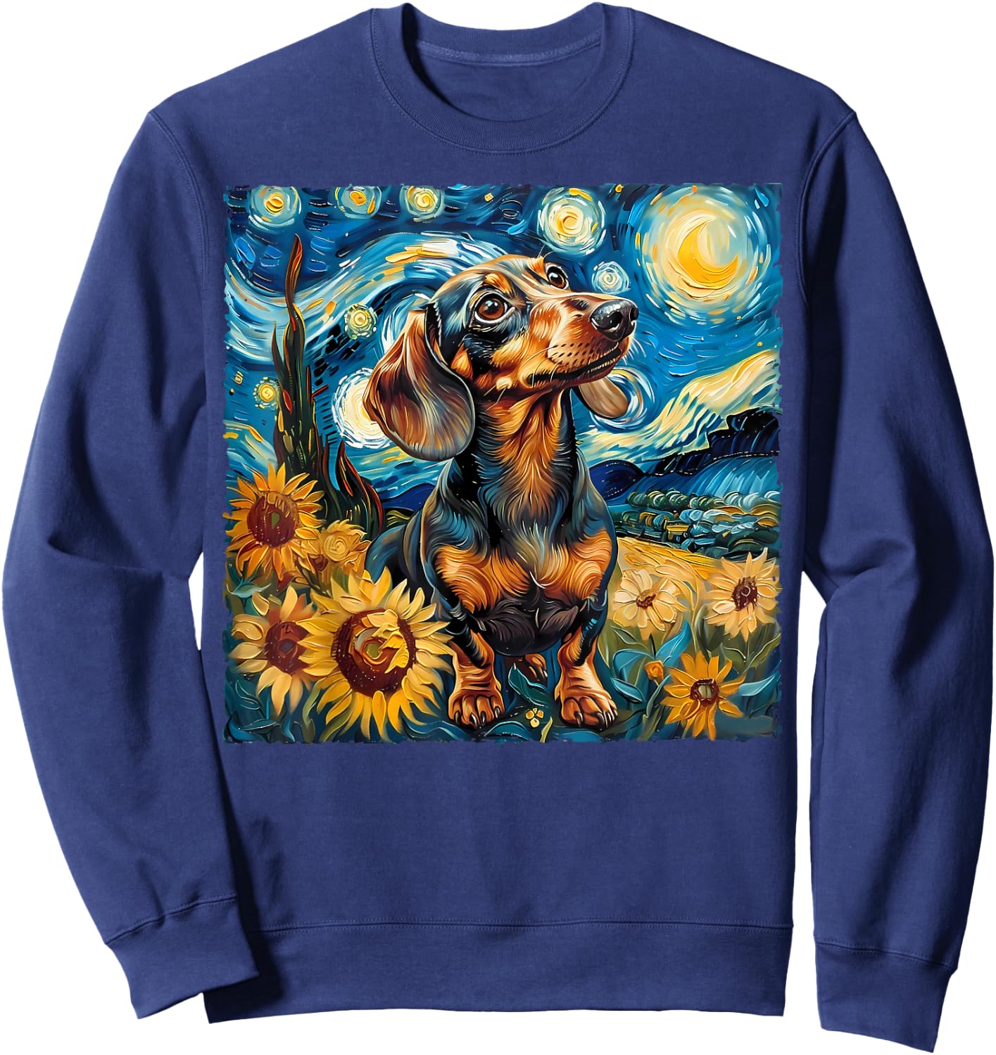 Van Gogh Style Funny Brown Dachshund Lover Starry Night Art Sweatshirt - Sweatshirt | Navy