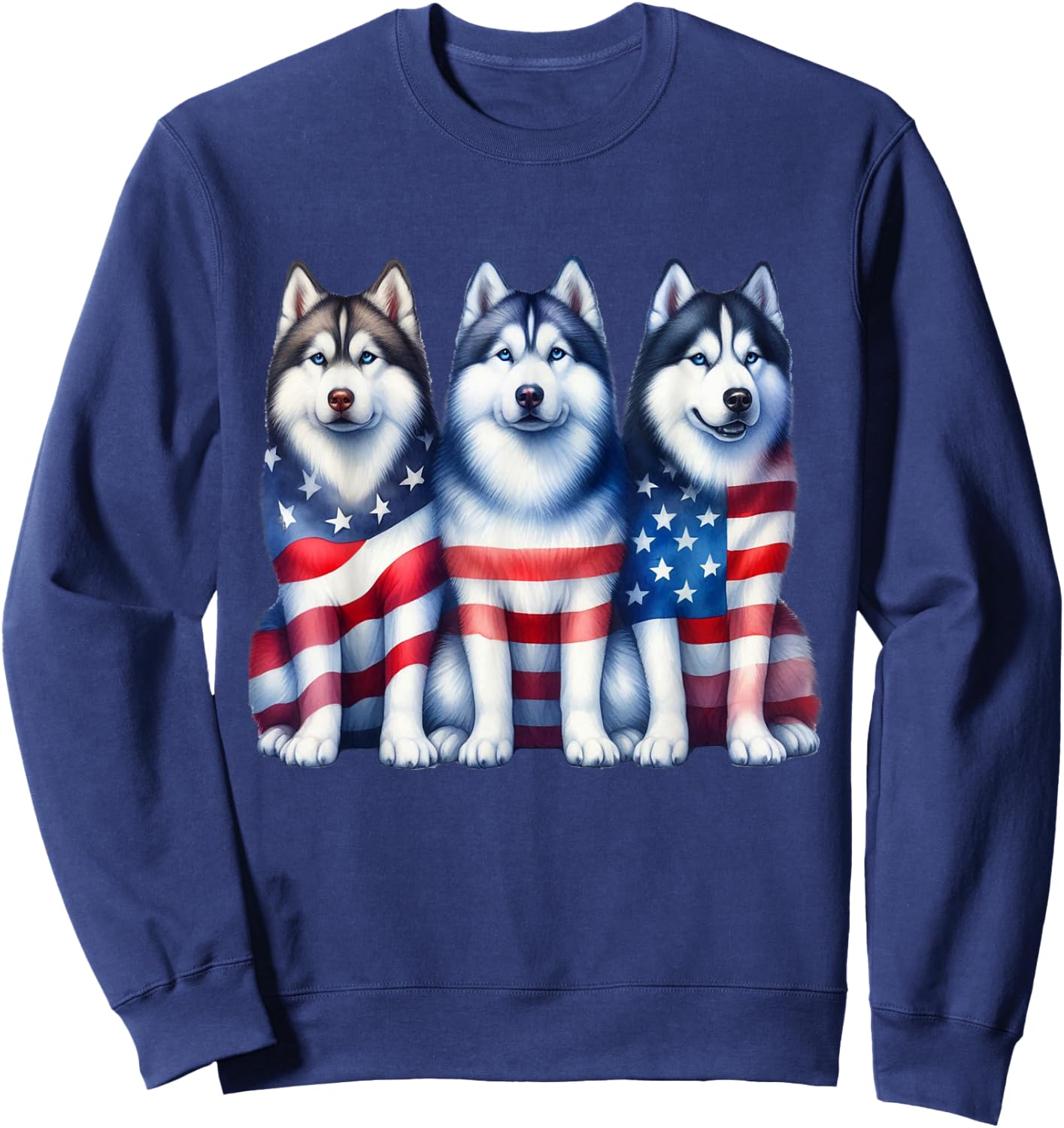 Three Husky Dog American USA Flag 4th of July Dog Lover Women Kids Men Sweatshirt - Sweatshirt | Navy