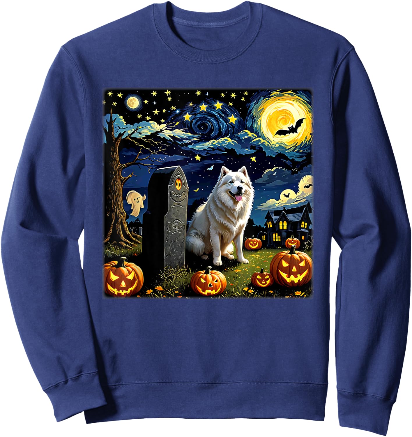 Spooky Halloween Samoyed Dog Starry Night Women Kids Sweatshirt - Sweatshirt | Navy