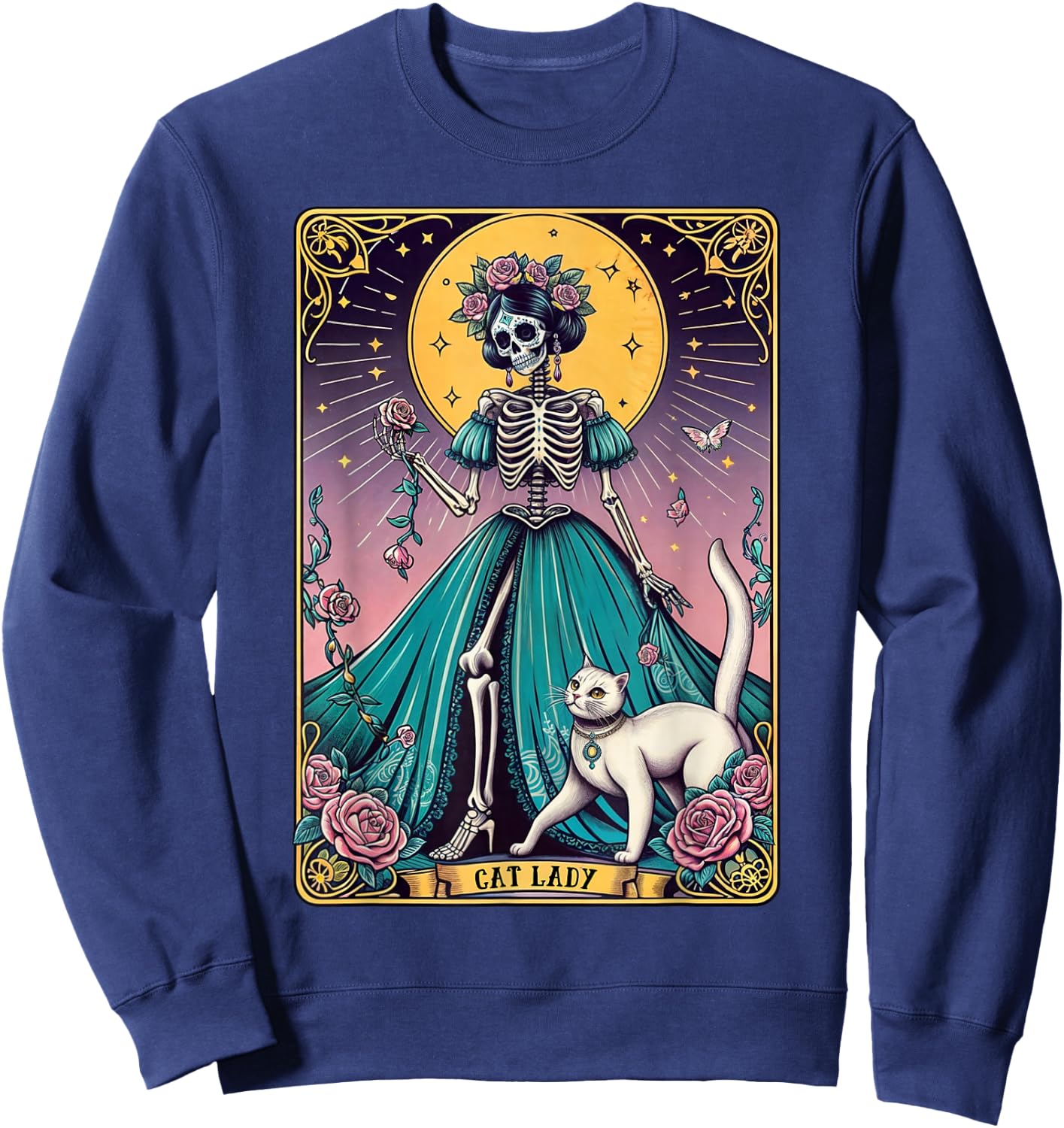 Cat Lady Tarot Card Skeleton Woman Funny Cat Lover Sweatshirt - Sweatshirt | Navy