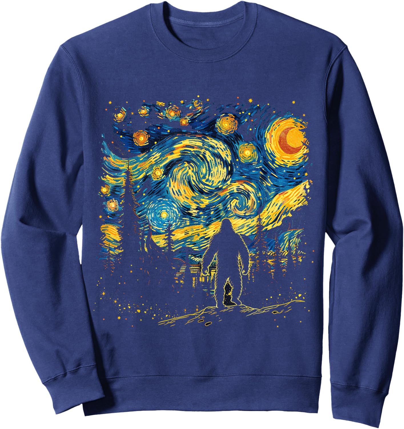 Funny Bigfoot Starry Night Sasquatch Van Gogh Sky Painting Sweatshirt - Sweatshirt | Navy