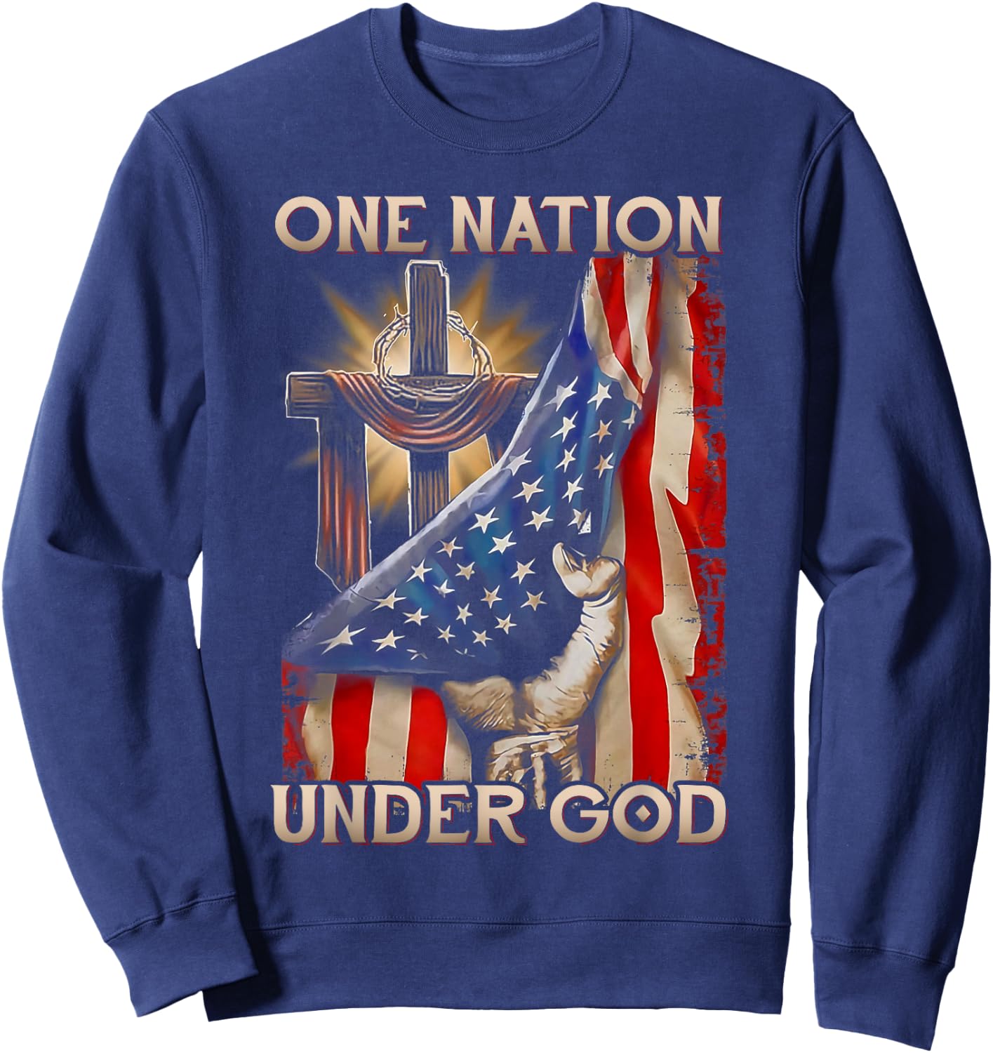 One Nation Under God US Flag 4th Of July Patriotic Christian Sweatshirt - Sweatshirt | Navy