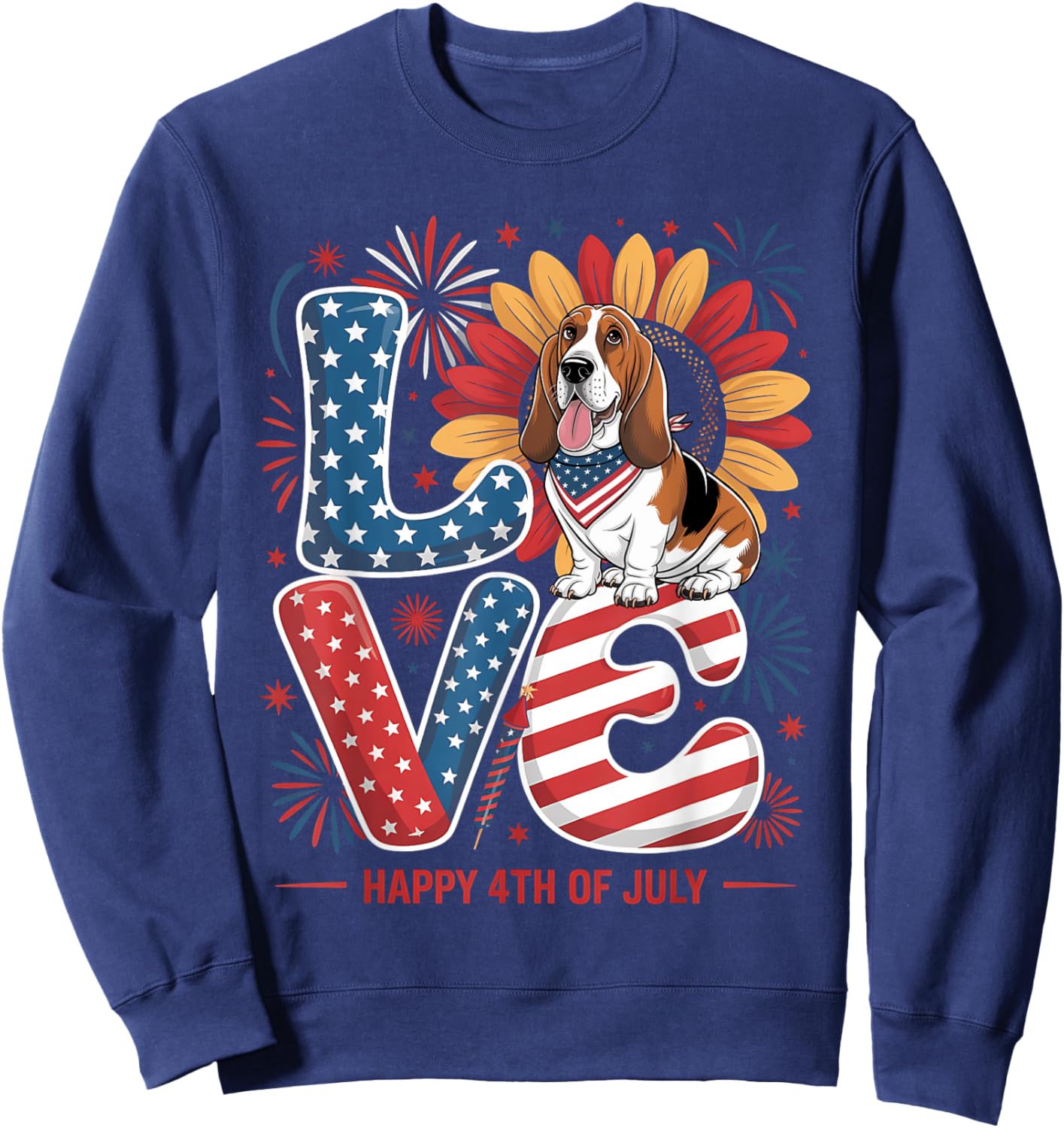 Funny Love Basset Hound Dog USA Flag Patriotic 4th Of July Women Kids Sweatshirt - Sweatshirt | Navy