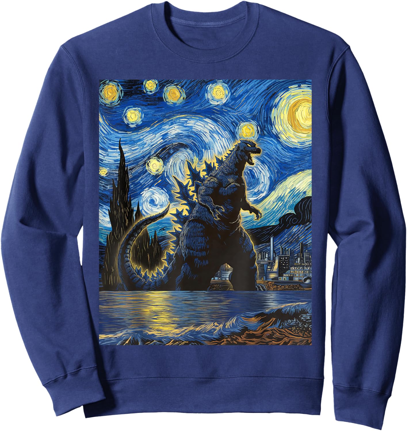 Vintage Japanese Monster Kaiju in Van Gogh Starry Night Art Sweatshirt - Sweatshirt | Navy