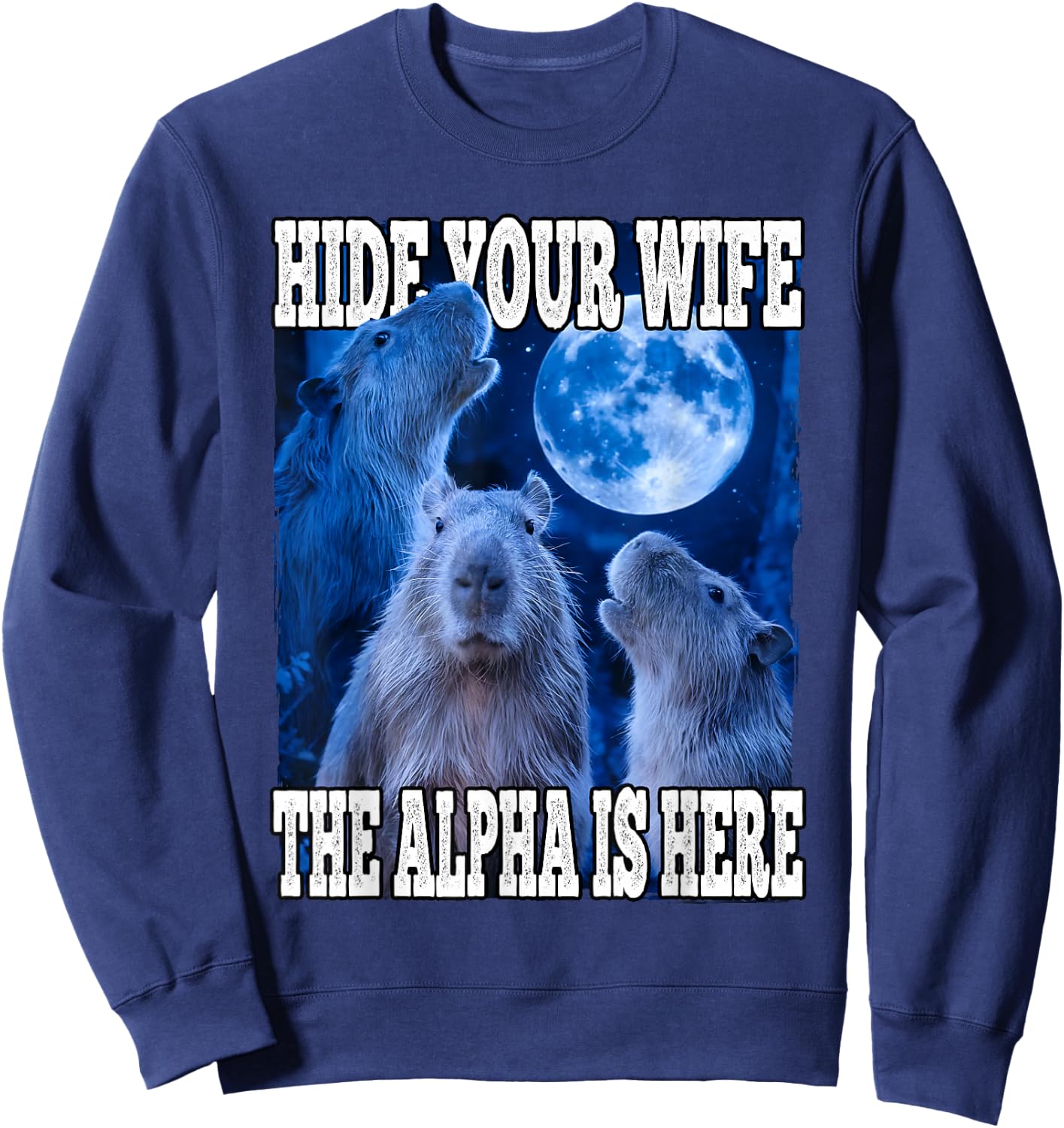 Hide Your Wife The Alpha Is Here Funny Capybara Alpha Meme Sweatshirt - Sweatshirt | Navy