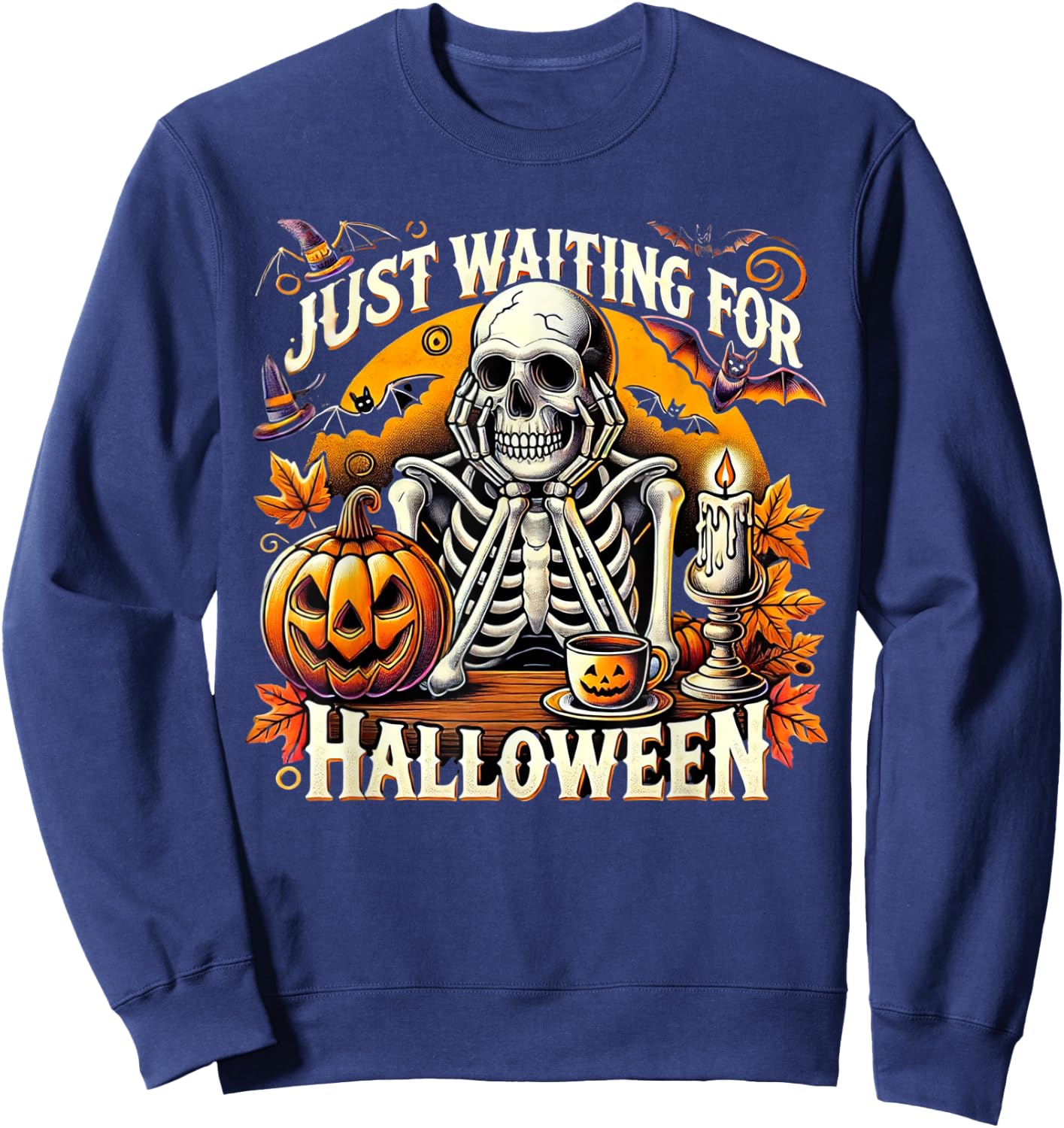 Just Waiting for Halloween Skeleton Coffee Spooky Season Sweatshirt - Sweatshirt | Navy