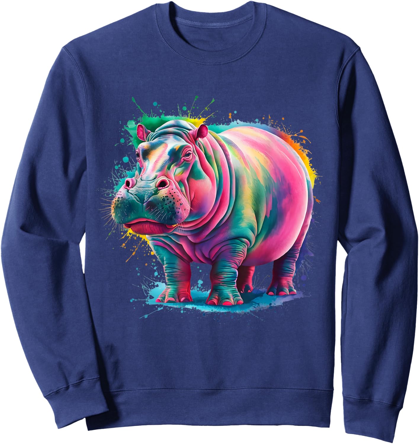 Hippo Men Woman Colorful Watercolor Hippo Sweatshirt - Sweatshirt | Navy