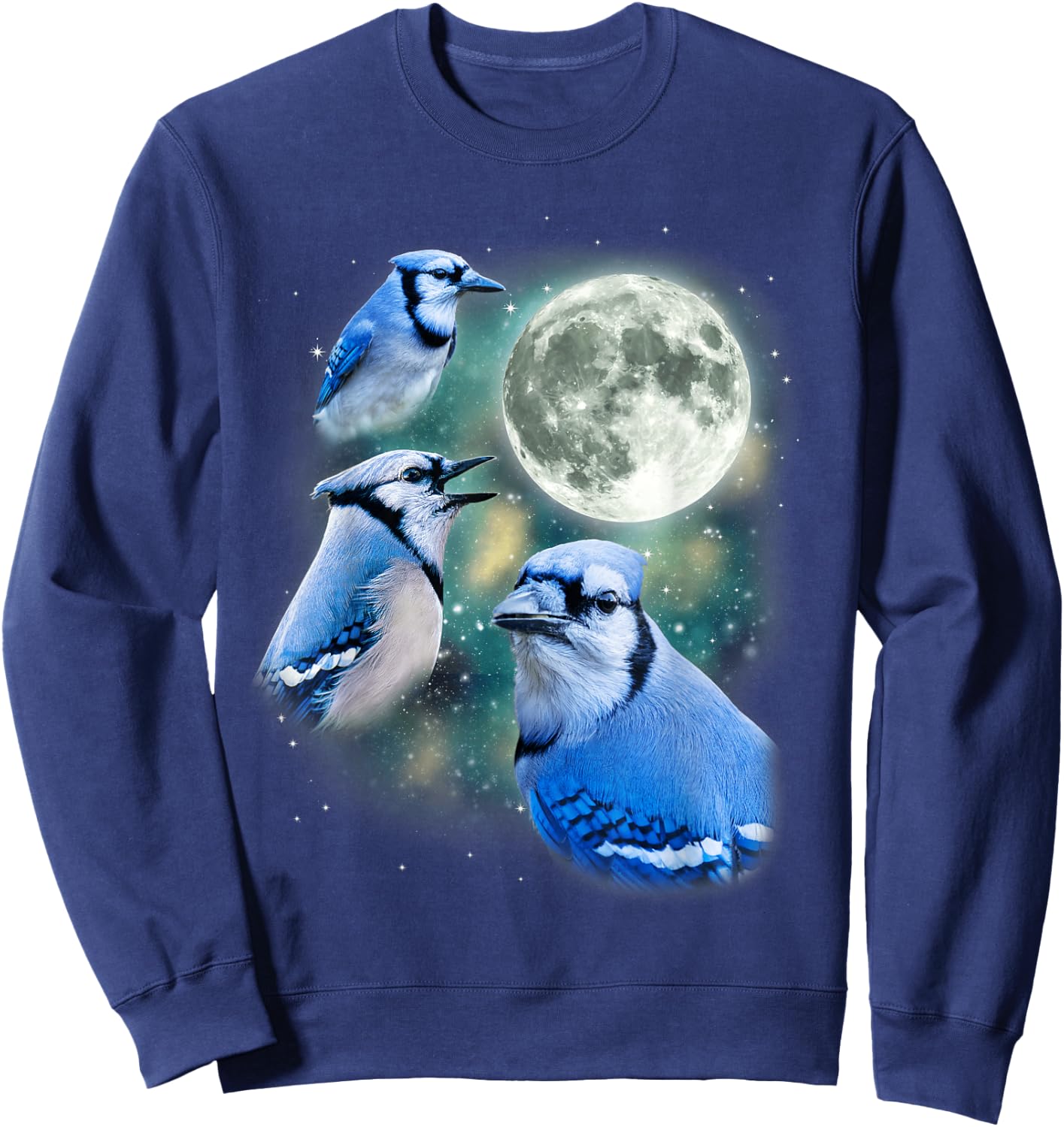 Three Blue Jay Moon Avian Wildlife Birdwatching Bird Lover Sweatshirt - Sweatshirt | Navy