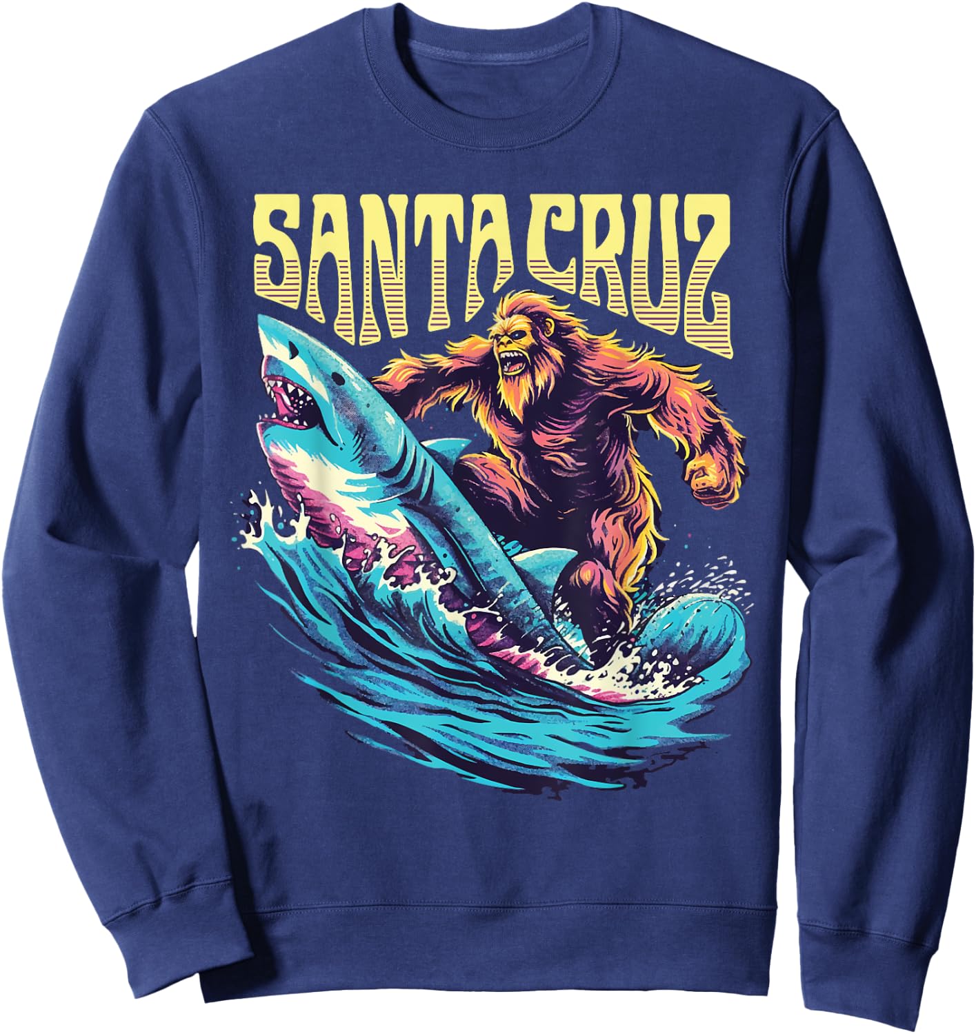 Santa Cruz California Summer Surfing Bigfoot Shark Women Kids Sweatshirt - Sweatshirt | Navy