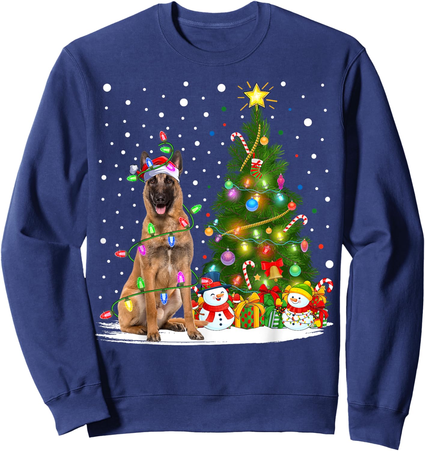 Lighting Xmas Tree Santa Belgian Malinois Dog Christmas Men Women Kids Sweatshirt - Sweatshirt | Navy