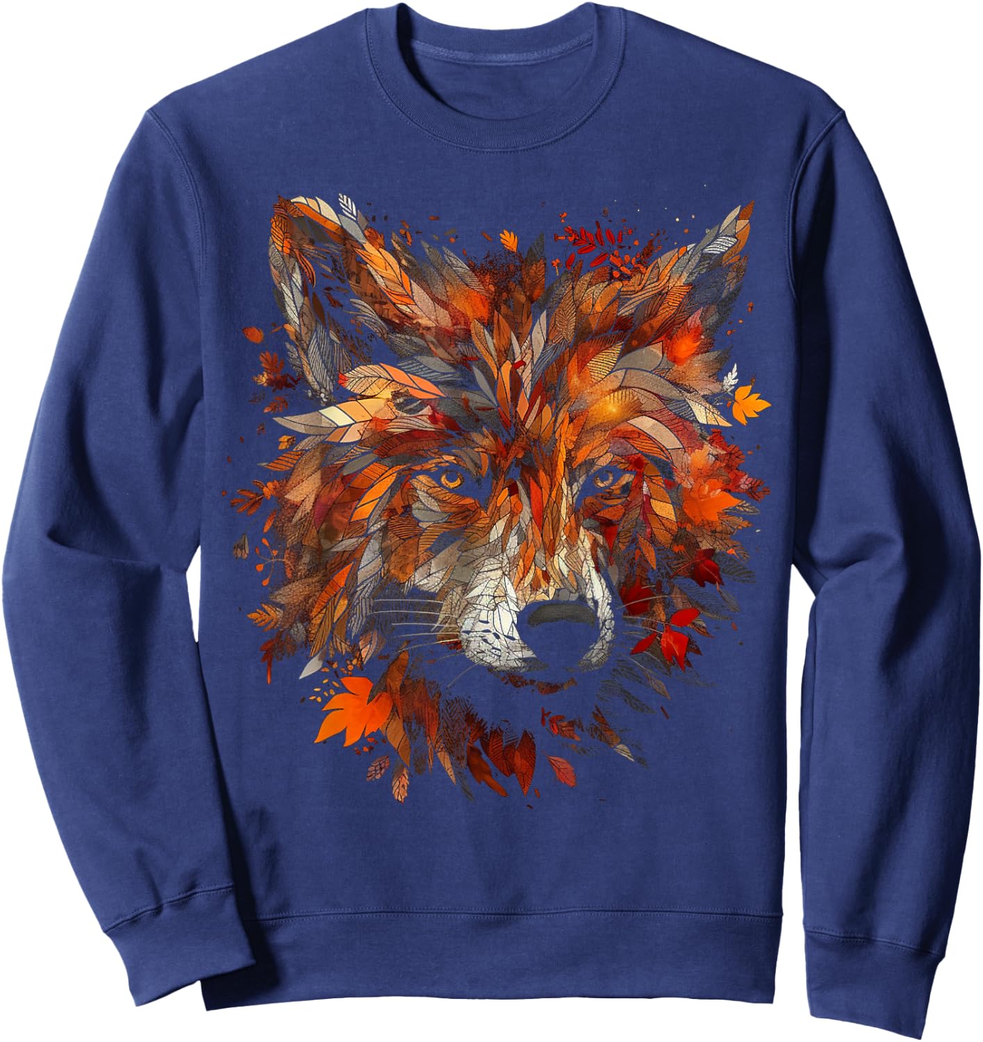 Wolf Autumn Leaves - Animal Art Motif Wolf Sweatshirt - Sweatshirt | Navy