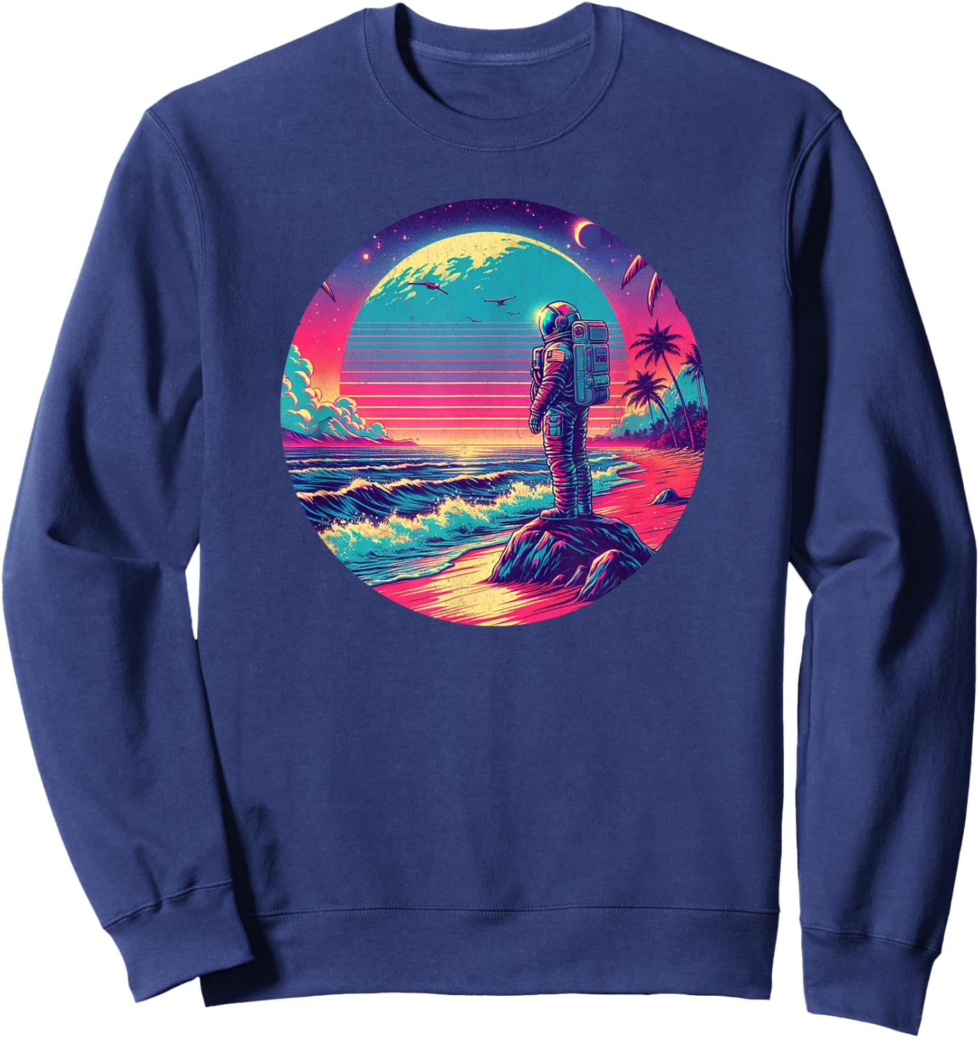 Synthwave Astronaut on the Beach, 1980s Retro Sweatshirt - Sweatshirt | Navy