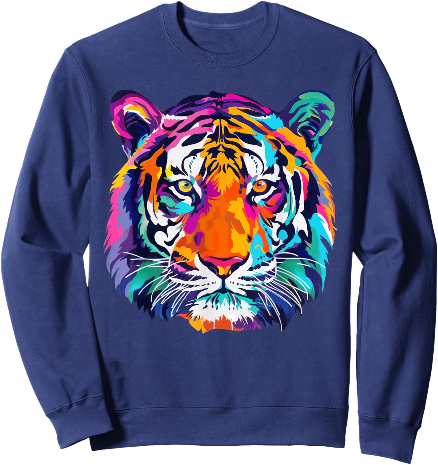 tigerco. Colorful Tiger Graphic , Black, Small, Short Sleeve, Classic Fit Sweatshirt - Sweatshirt | Navy