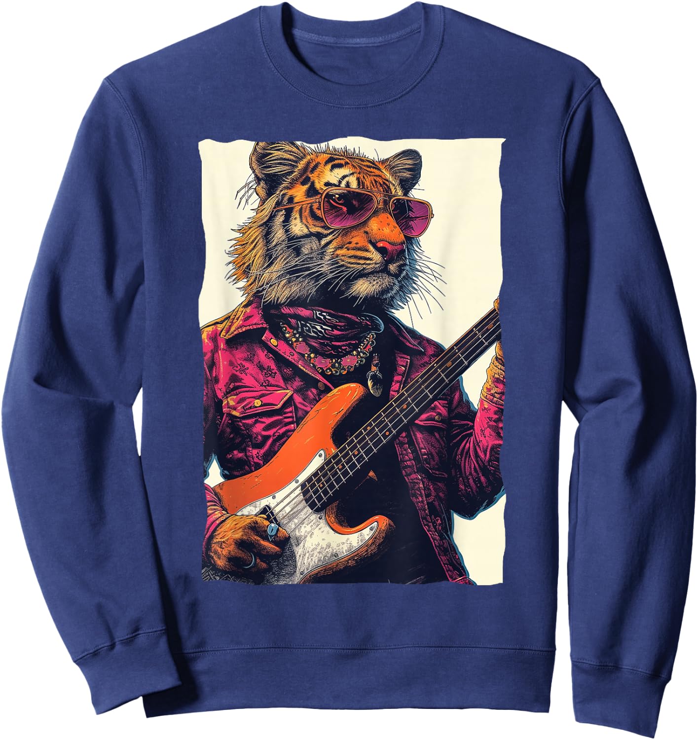Cool Tiger Playing Guitar Retro Music lover Sweatshirt - Sweatshirt | Navy