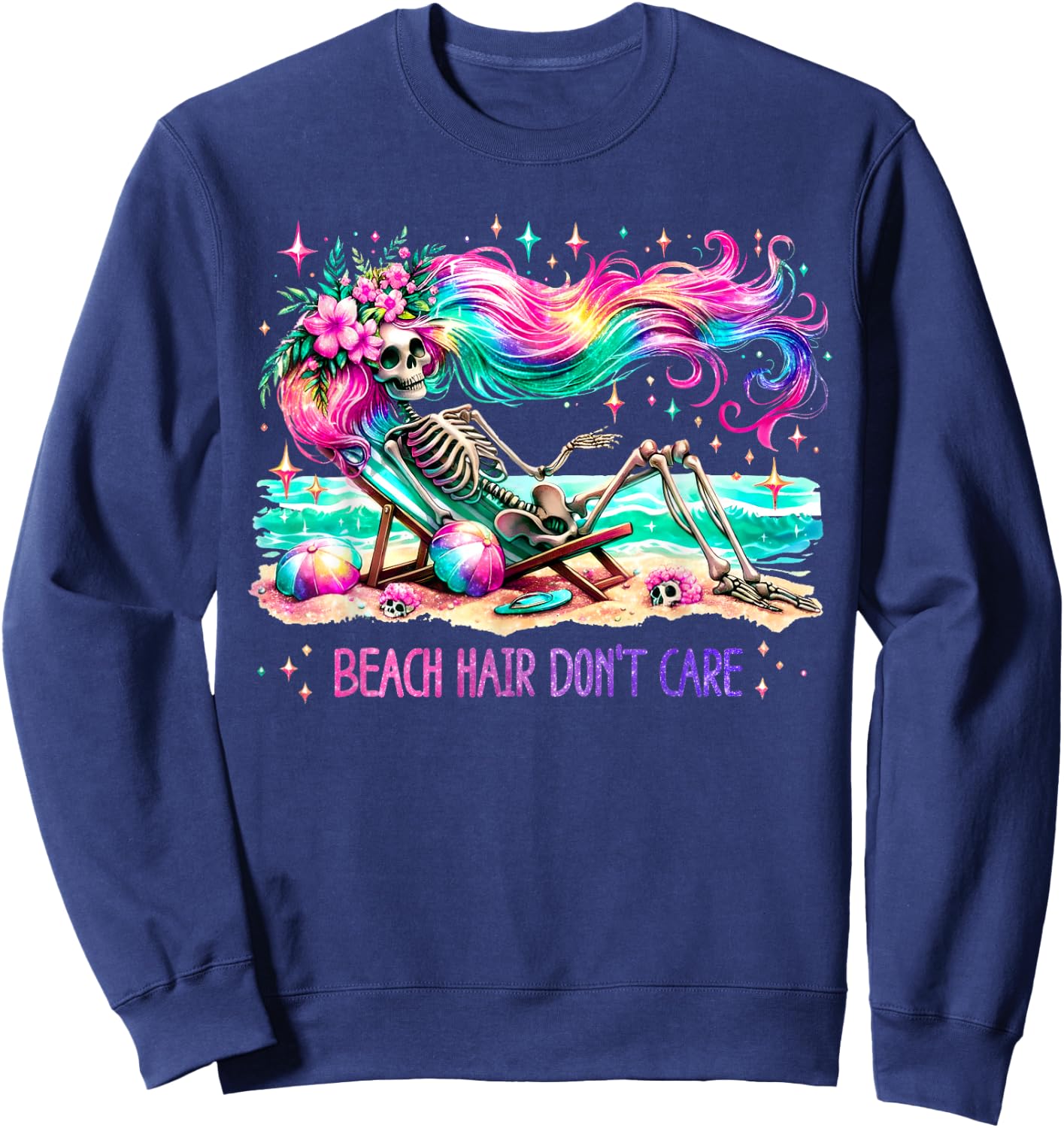 Beach Hair Don't Care Skeleton Woman Summer Vacation Hawaii Sweatshirt - Sweatshirt | Navy