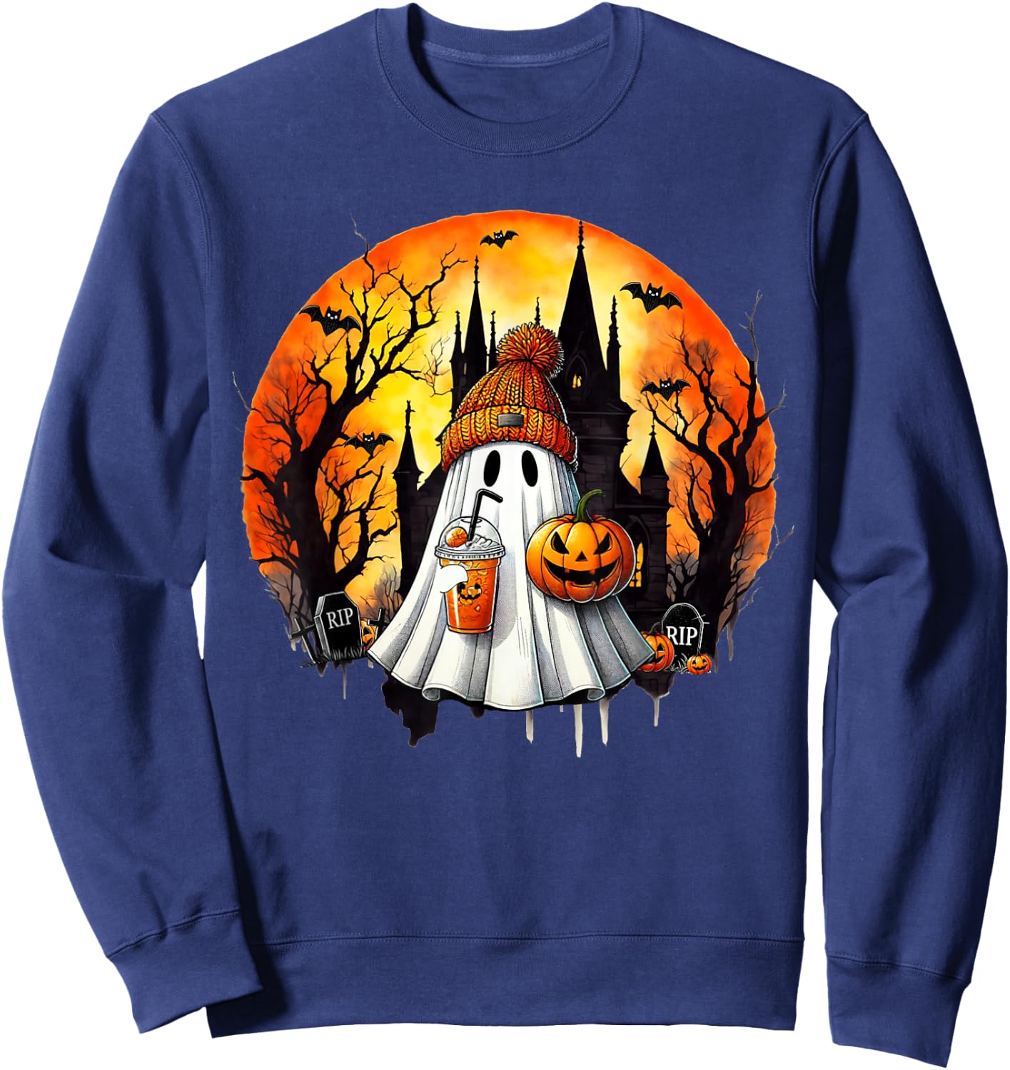 Cute Ghost Drinking Coffee Halloween Ghost Ice Coffee Sweatshirt - Sweatshirt | Navy