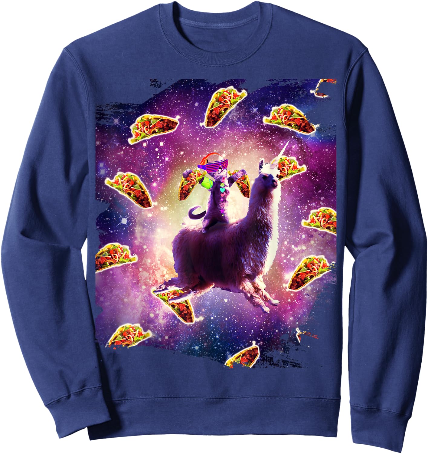 Rave Space Cat On Llama Unicorn - Taco Sweatshirt - Sweatshirt | Navy