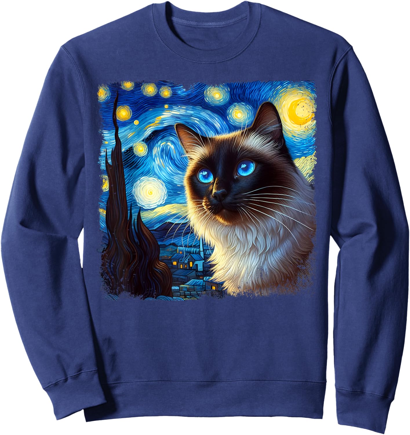 Funny Cute Siamese Cat Starry Night Van Gogh Painting Sweatshirt - Sweatshirt | Navy