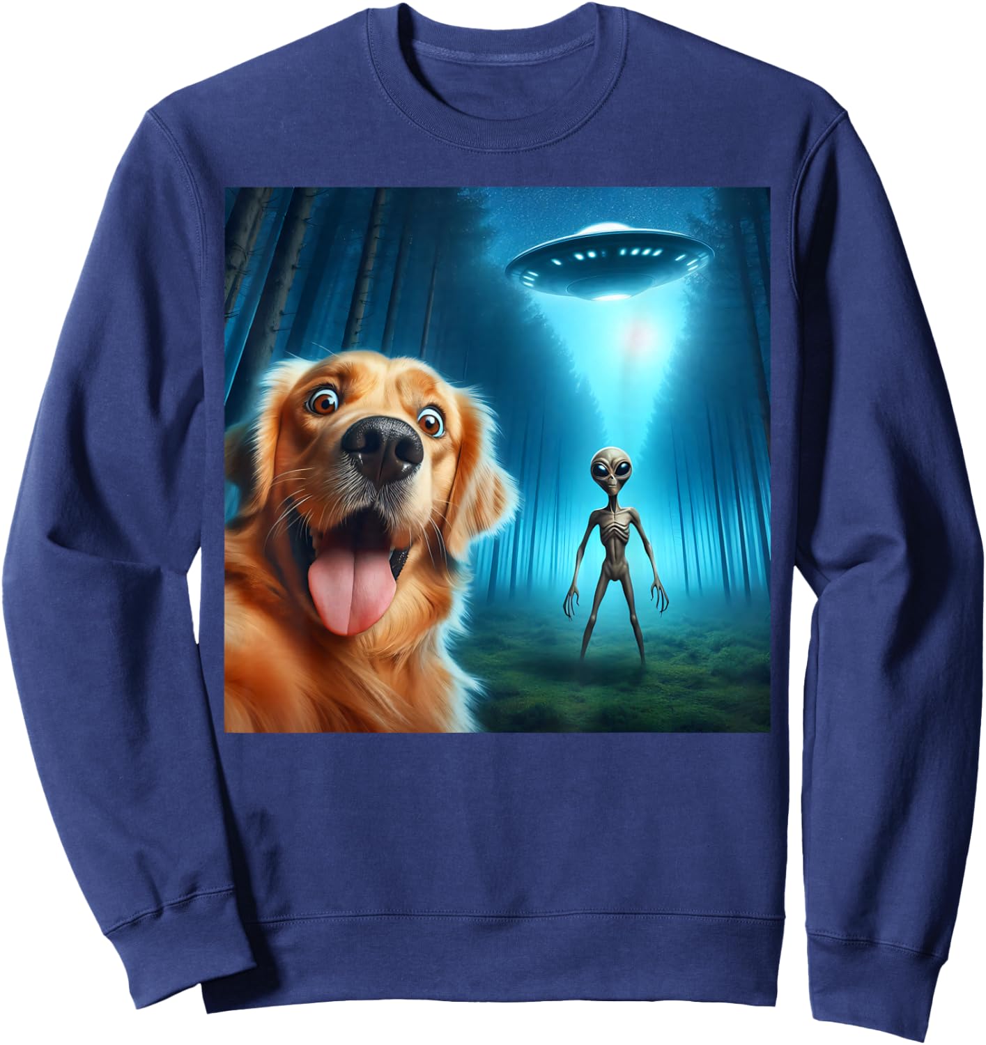 Golden Retriever Selfie Alien UFO Funny Sweatshirt - Sweatshirt | Navy