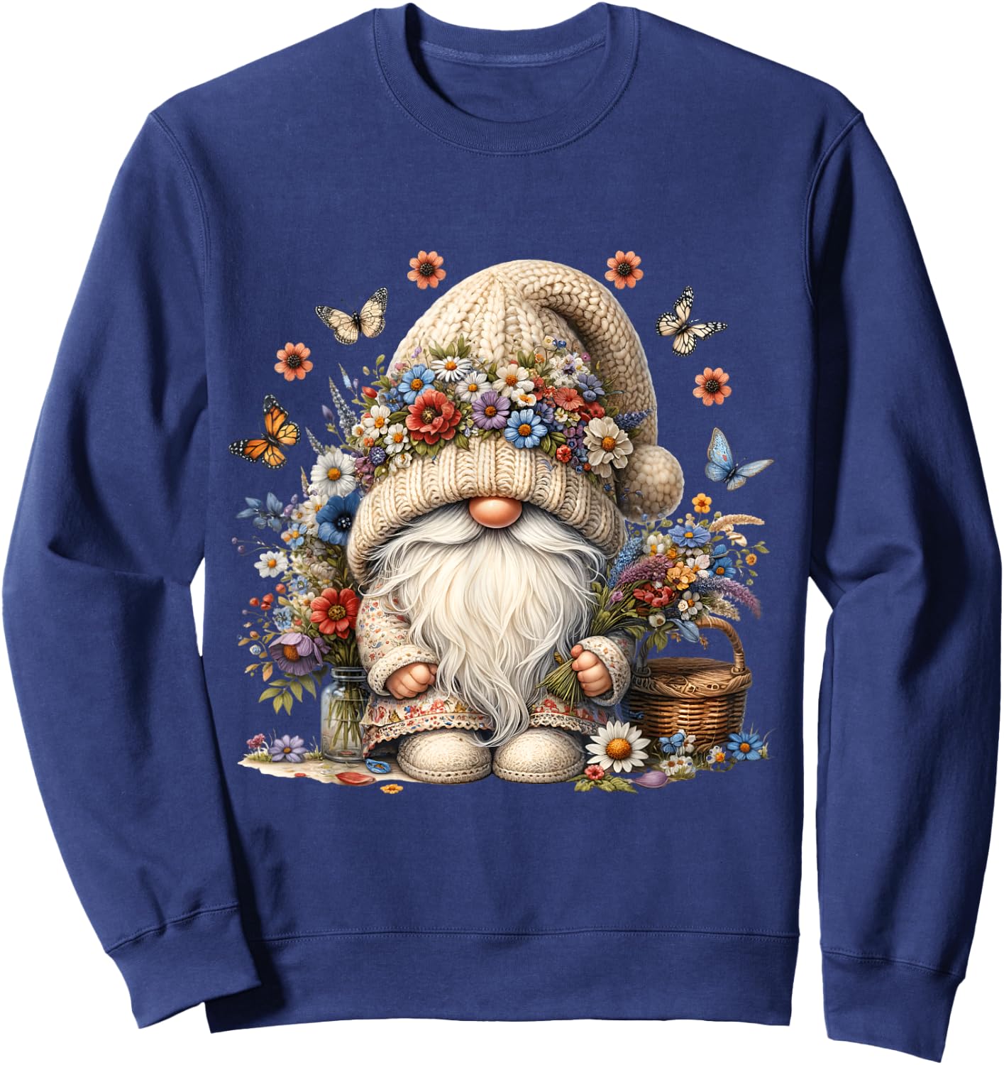 Wildflower Butterfly Gnome In Summer Boho Dress Cute Floral Sweatshirt - Sweatshirt | Navy