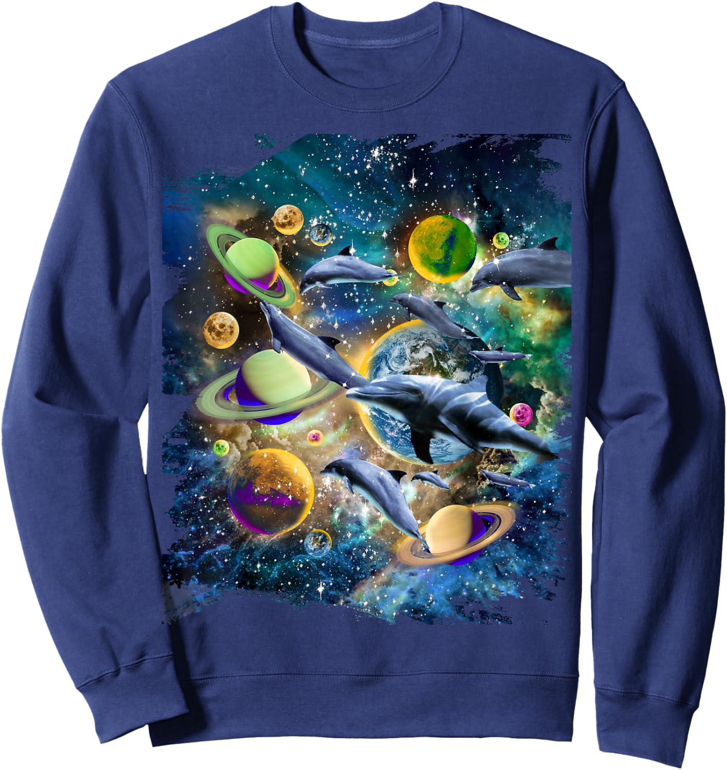 Celestial Space Dolphin, Space Planets Galaxy Dolphins Sweatshirt - Sweatshirt | Navy
